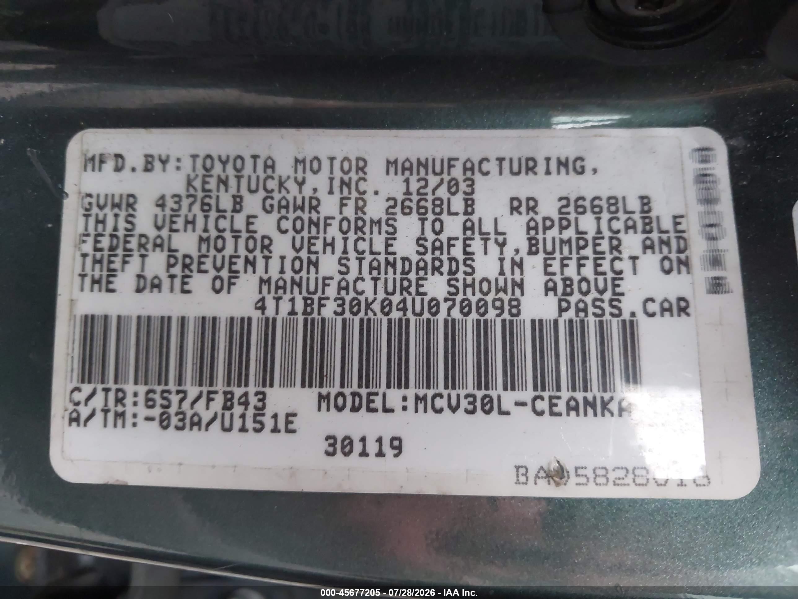 2004 Toyota Camry Le V6 Gray vin: 4T1BF30K04U070098
