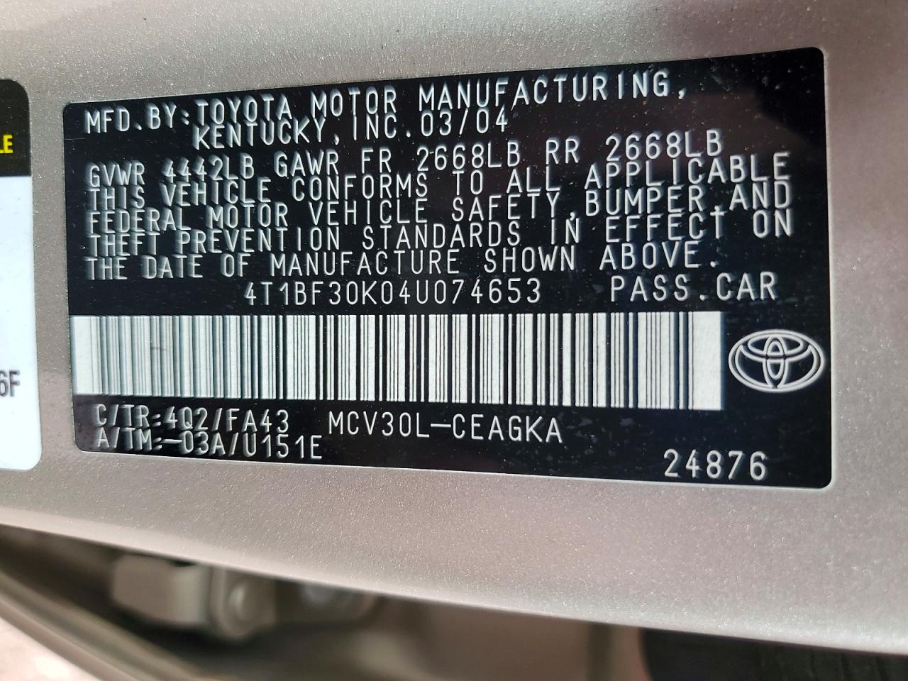 2004 Toyota Camry Xle V6 Золотой vin: 4T1BF30K04U074653