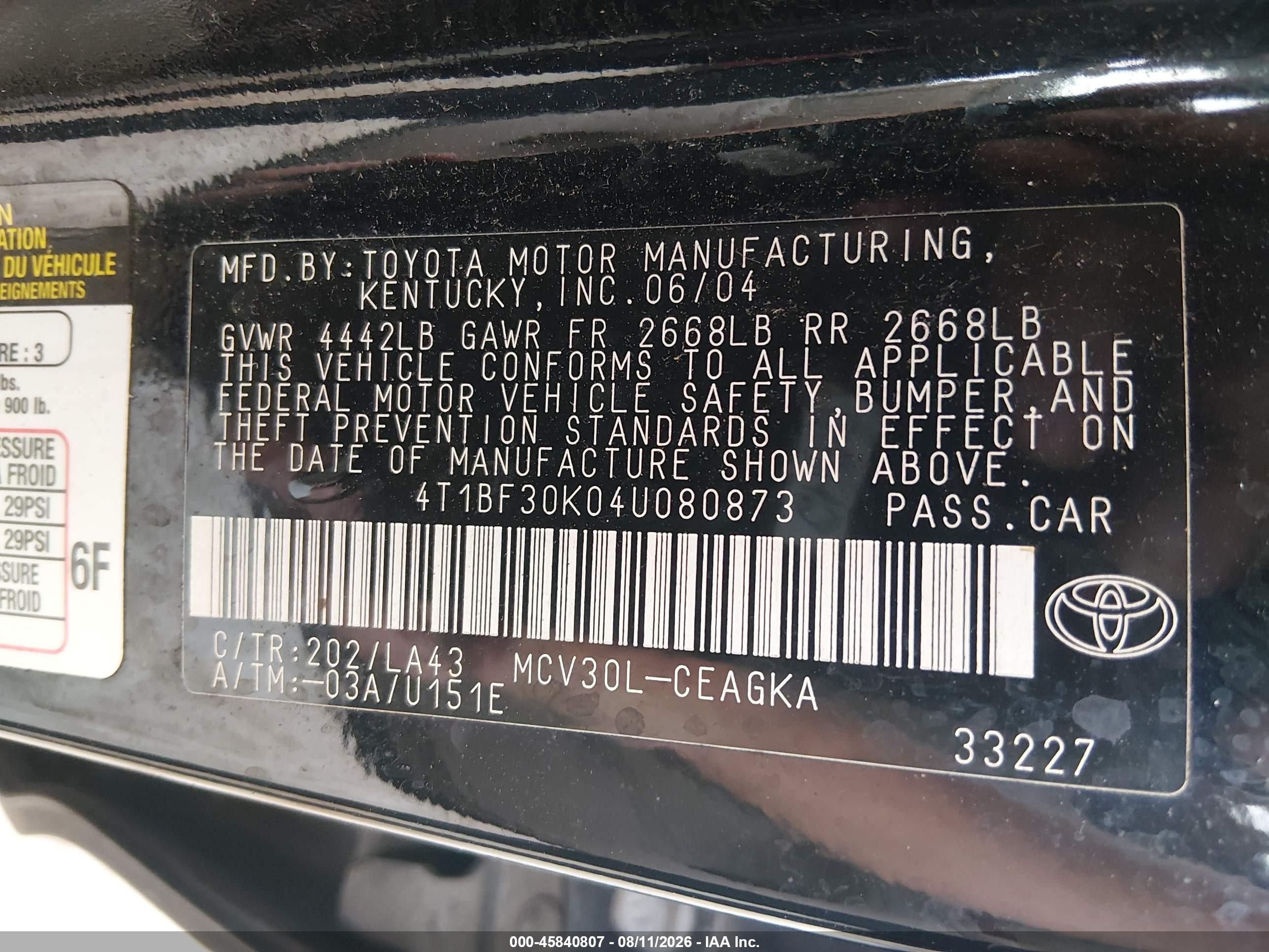 2004 Toyota Camry Xle V6 Черный vin: 4T1BF30K04U080873