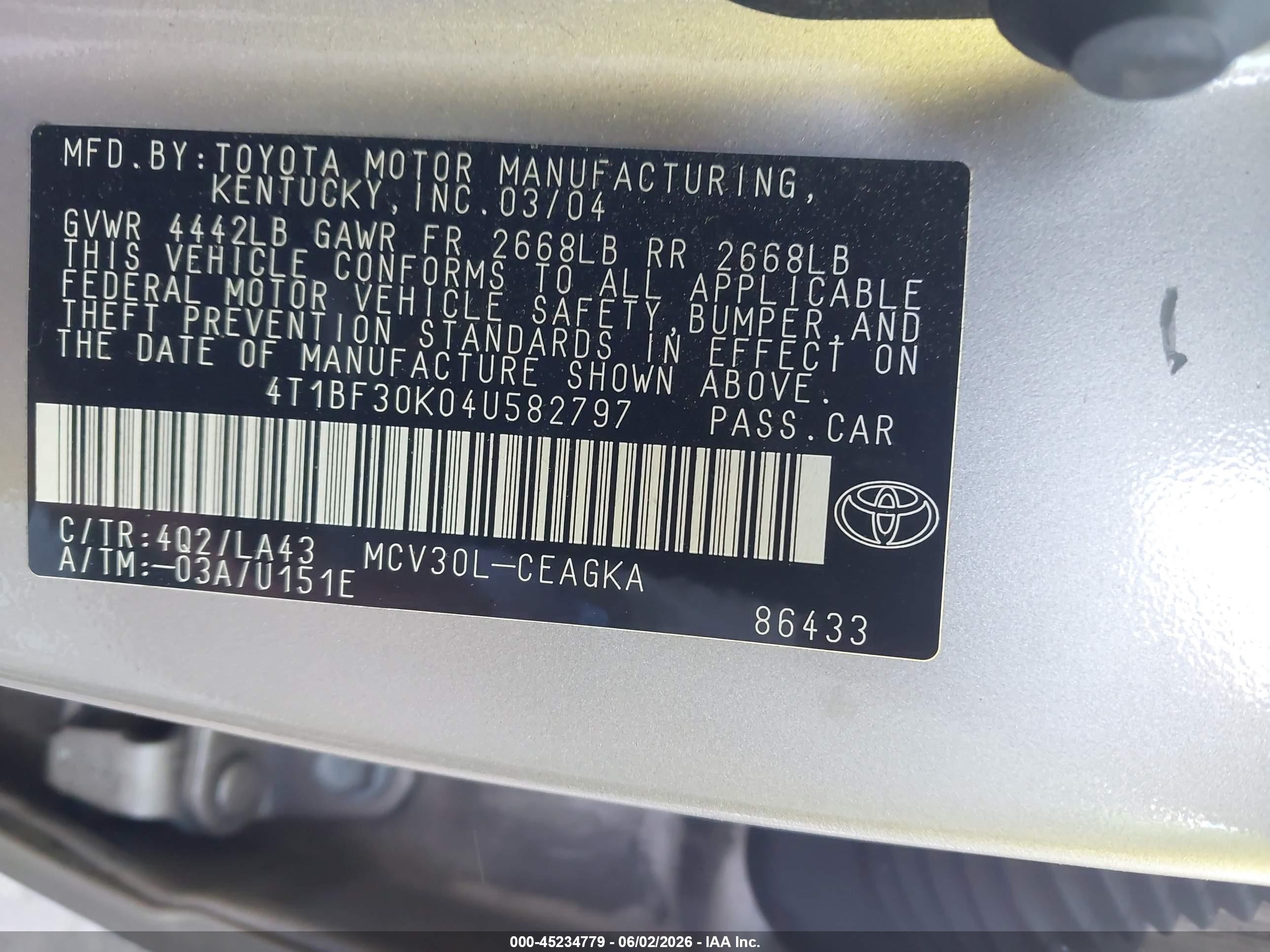 2004 Toyota Camry Xle V6 Золотой vin: 4T1BF30K04U582797