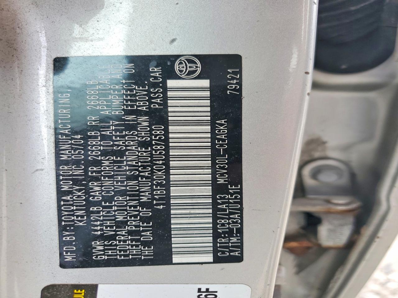2004 Toyota Camry Xle V6 Silver vin: 4T1BF30K04U587580
