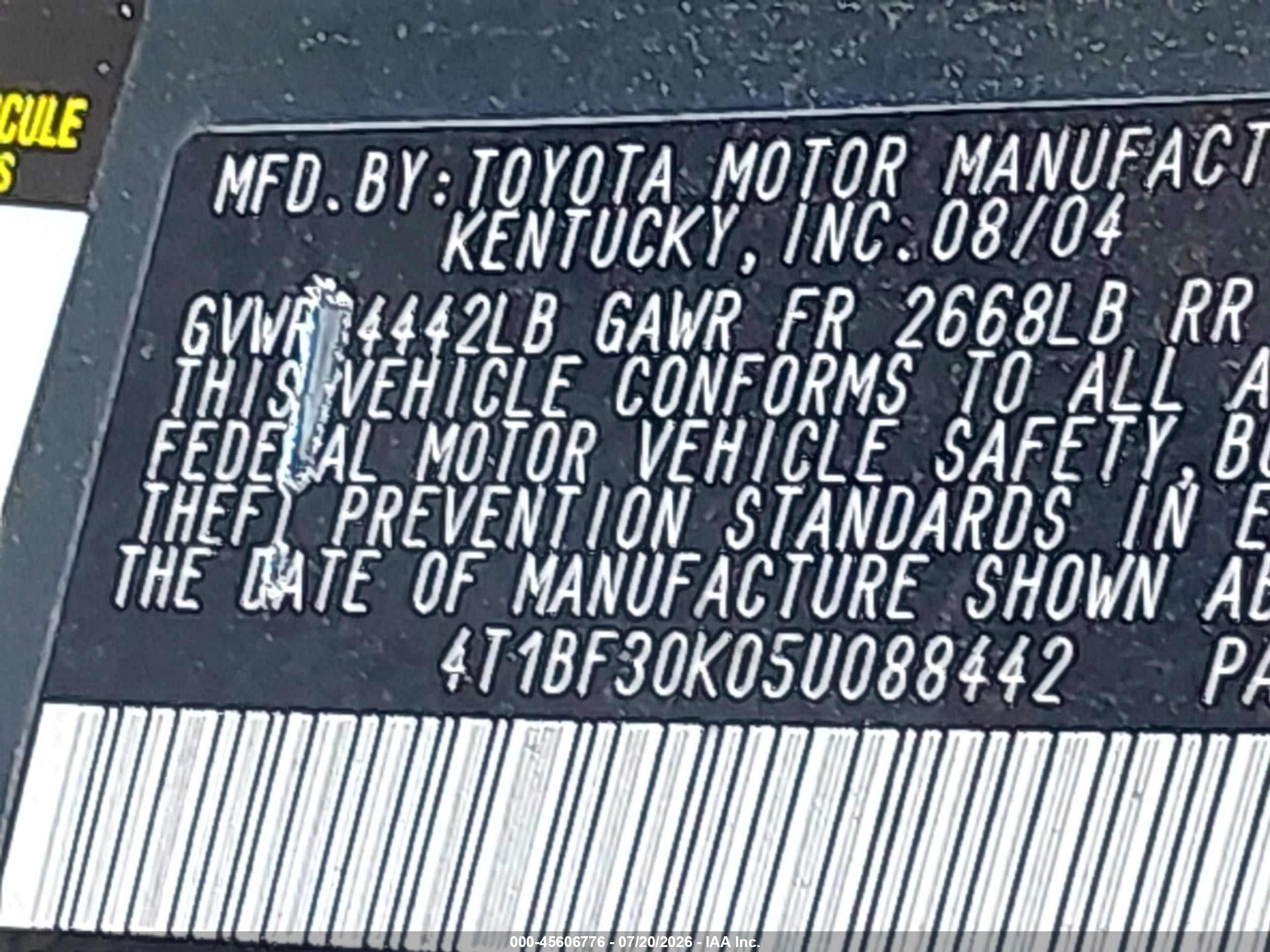 2005 Toyota Camry Xle V6 Зеленый vin: 4T1BF30K05U088442