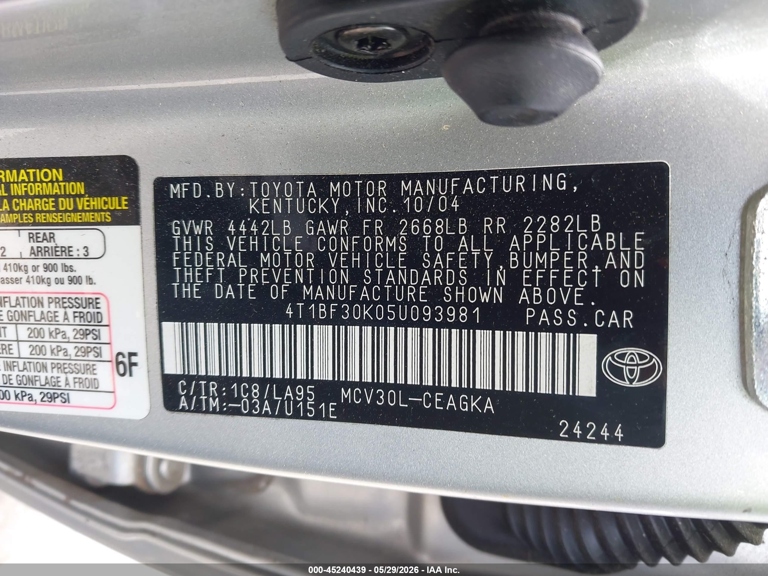 2005 Toyota Camry Xle V6 Silver vin: 4T1BF30K05U093981