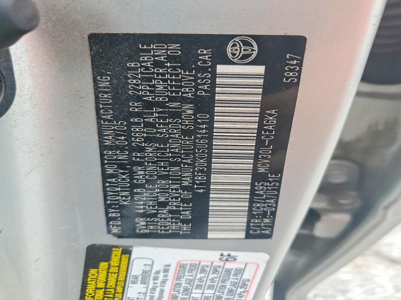 2005 Toyota Camry Xle V6 Silver vin: 4T1BF30K05U614410
