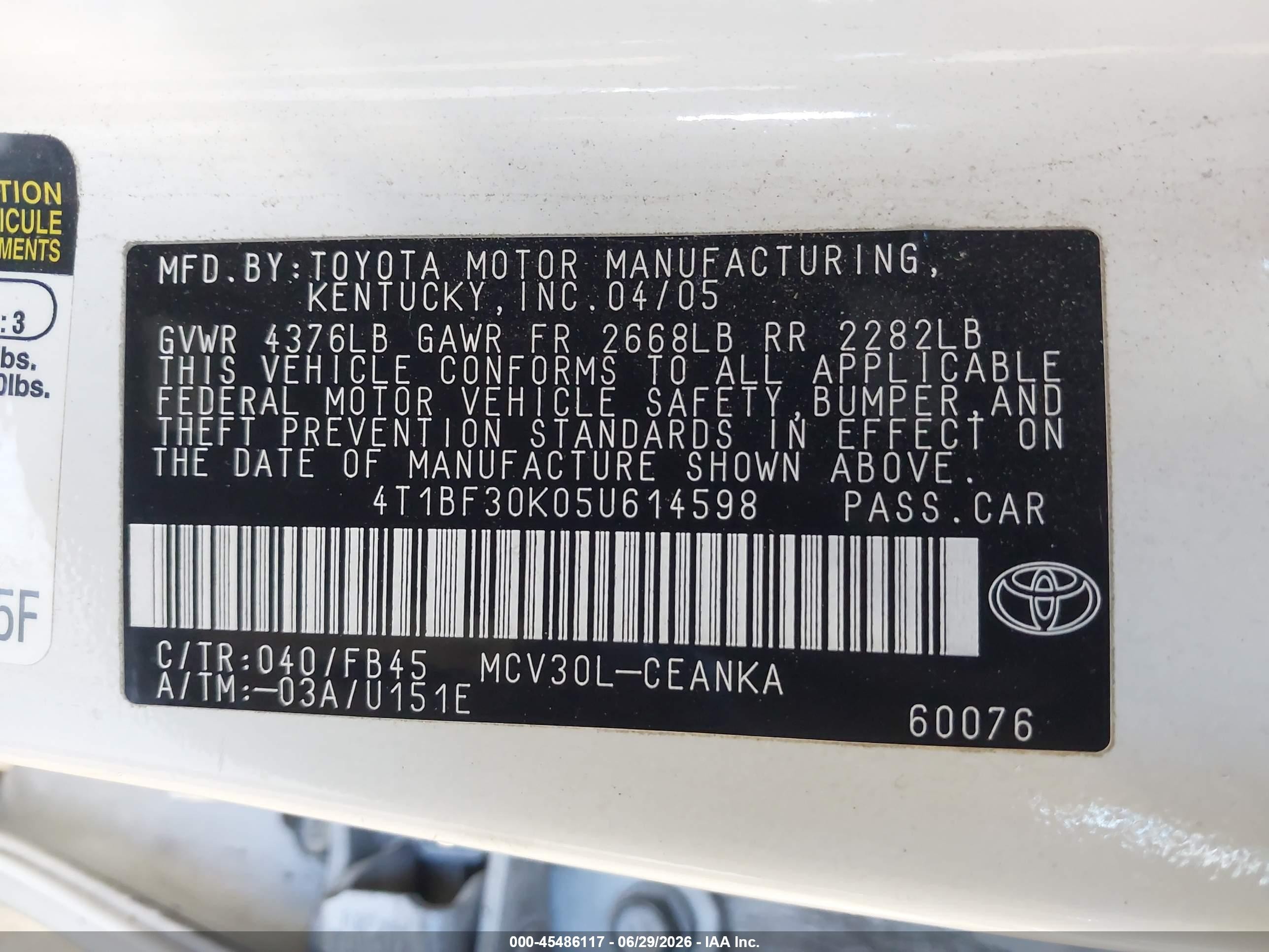 2005 Toyota Camry Le V6 White vin: 4T1BF30K05U614598