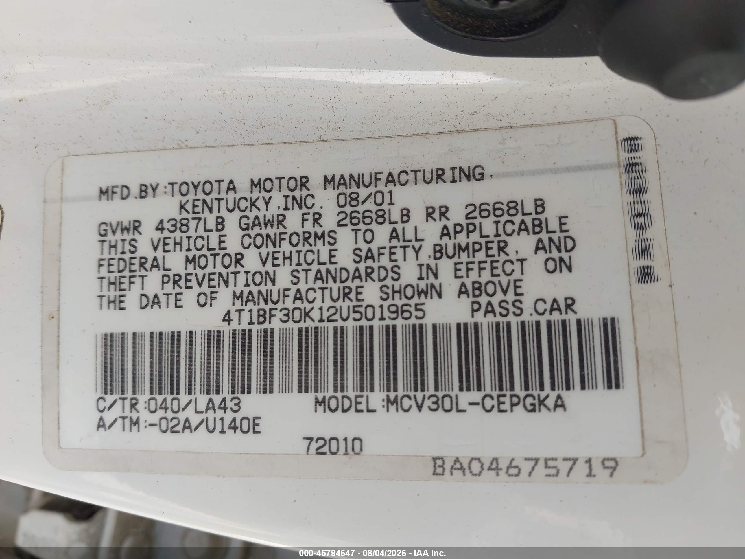2002 Toyota Camry Xle White vin: 4T1BF30K12U501965