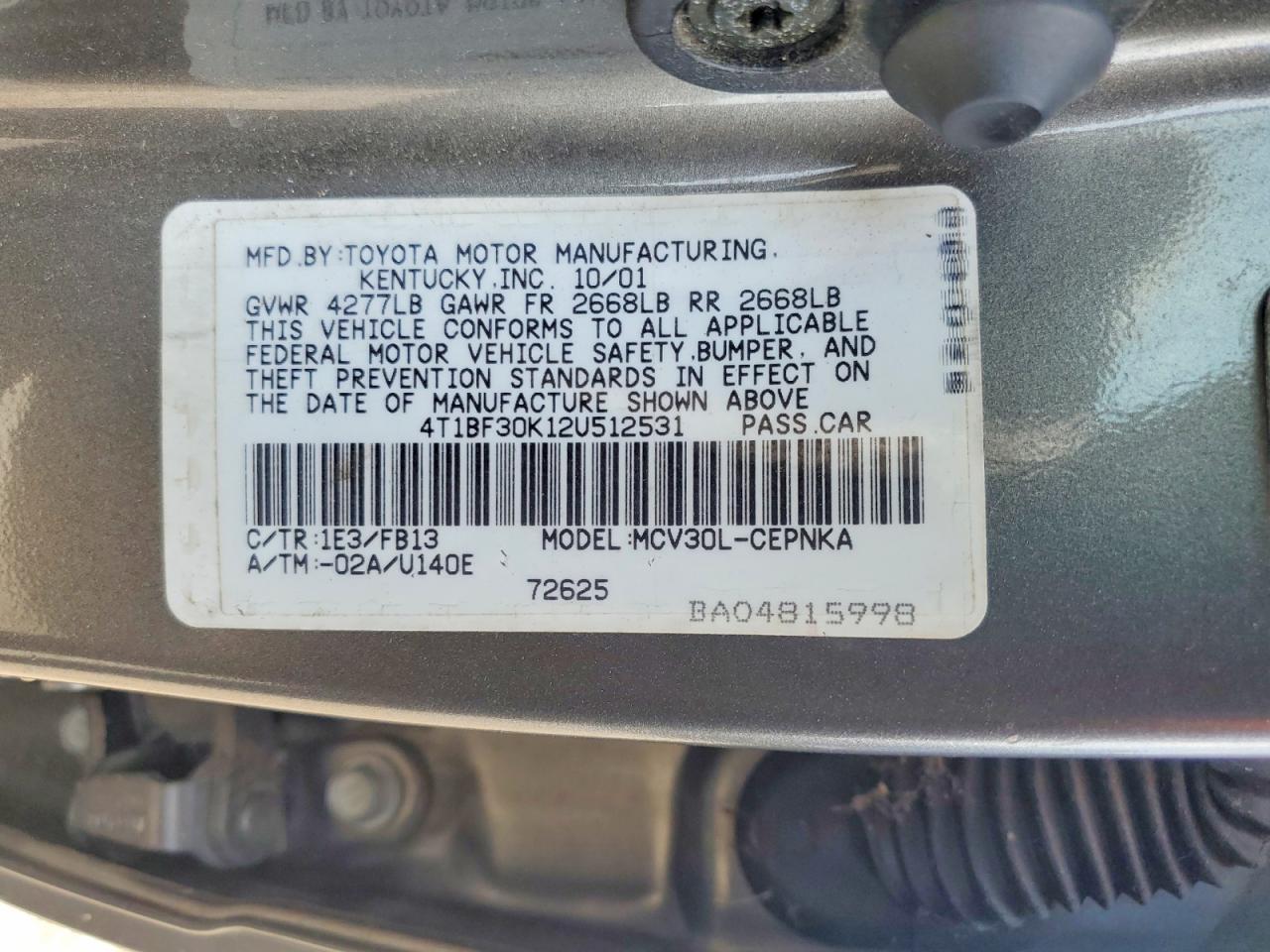 2002 Toyota Camry Le V6 Gray vin: 4T1BF30K12U512531