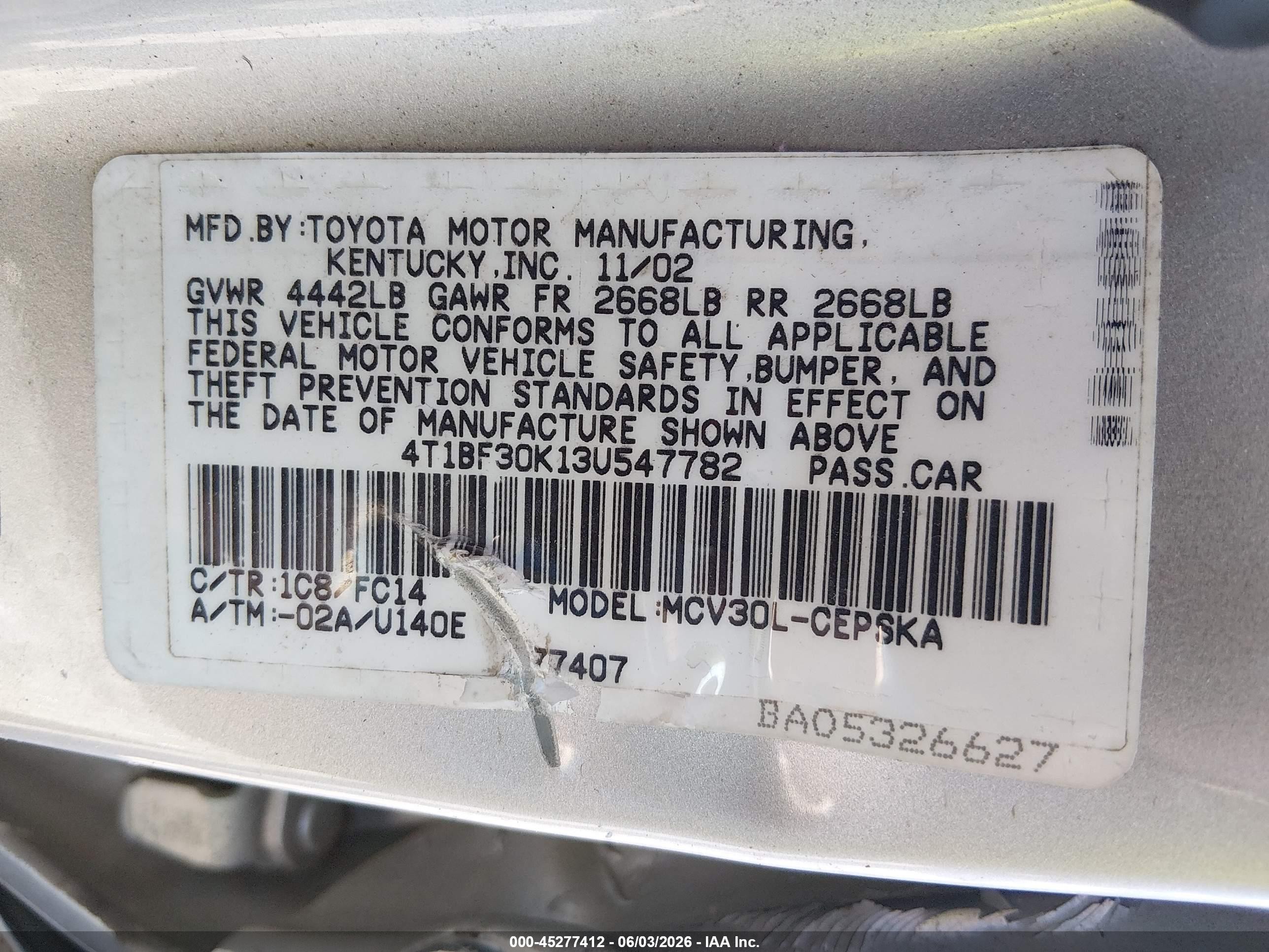 2003 Toyota Camry Se V6 Серебряный vin: 4T1BF30K13U547782
