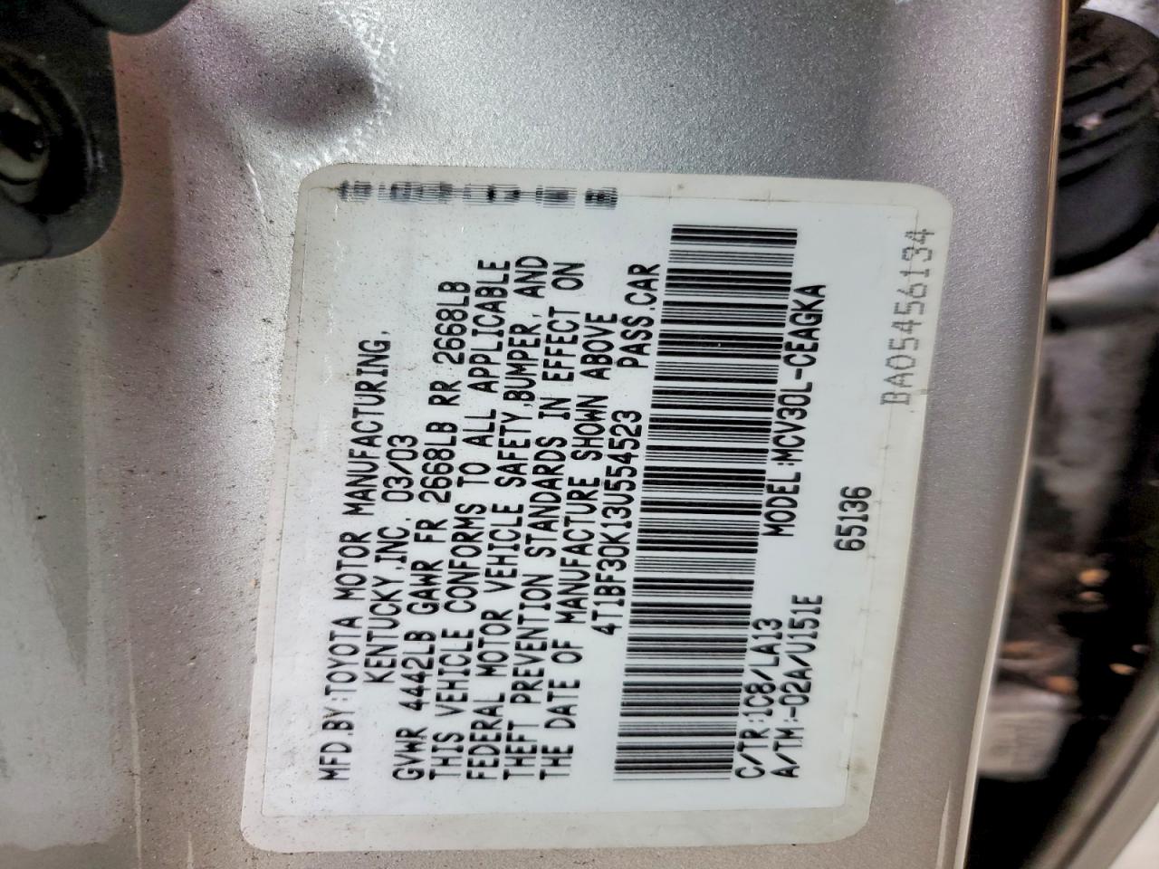 2003 Toyota Camry Xle V6 Silver vin: 4T1BF30K13U554523