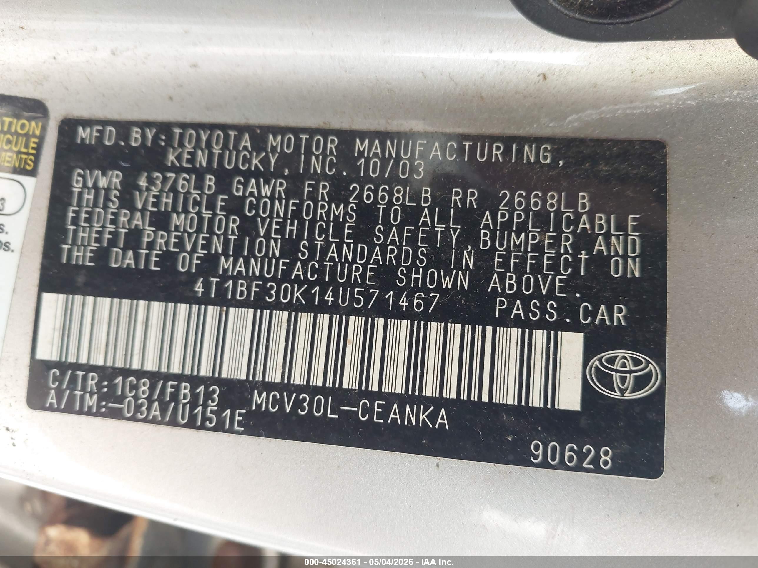2004 Toyota Camry Le V6 Silver vin: 4T1BF30K14U571467