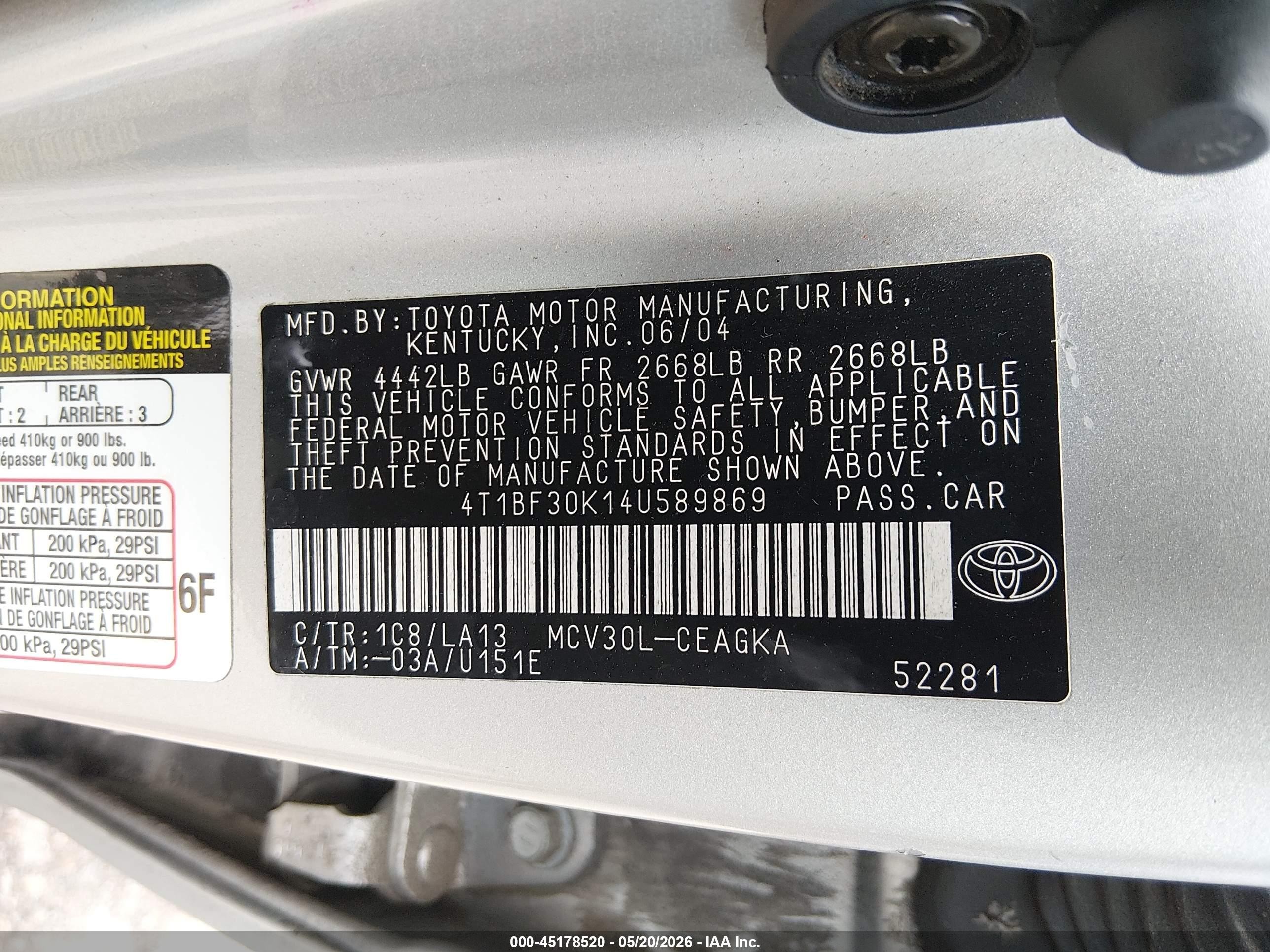 2004 Toyota Camry Xle V6 Silver vin: 4T1BF30K14U589869