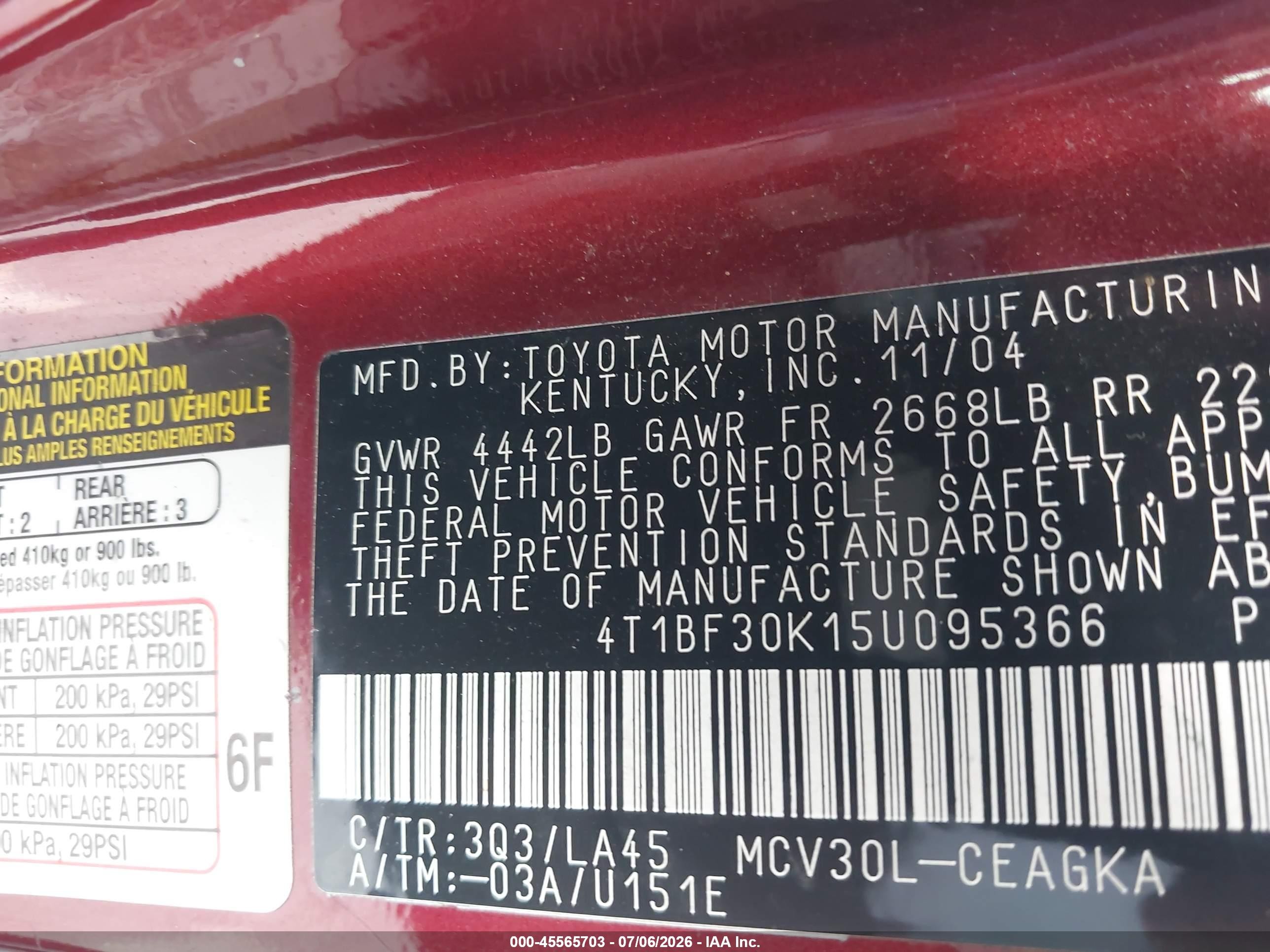 2005 Toyota Camry Xle V6 Red vin: 4T1BF30K15U095366