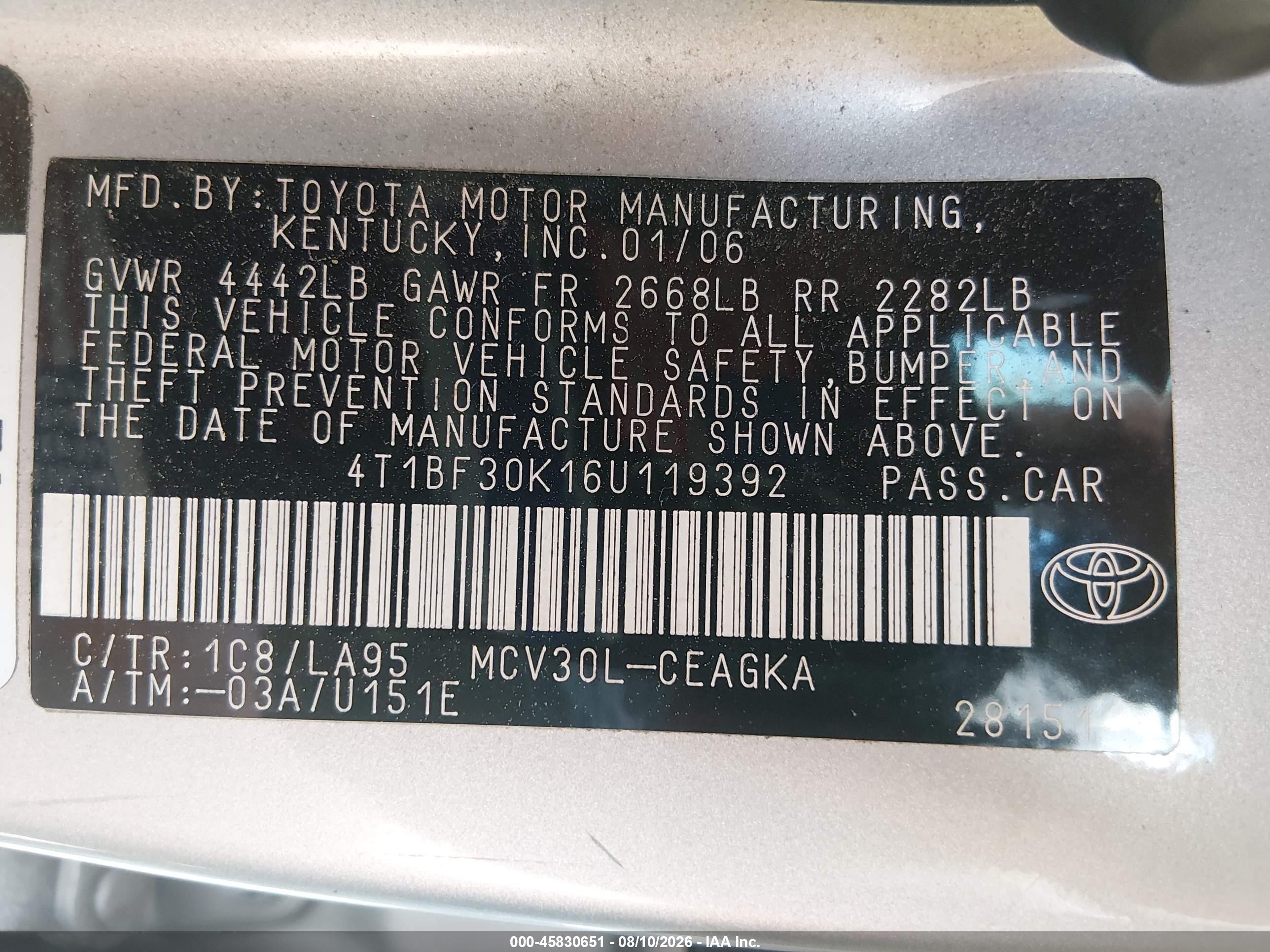 2006 Toyota Camry Xle V6 Silver vin: 4T1BF30K16U119392