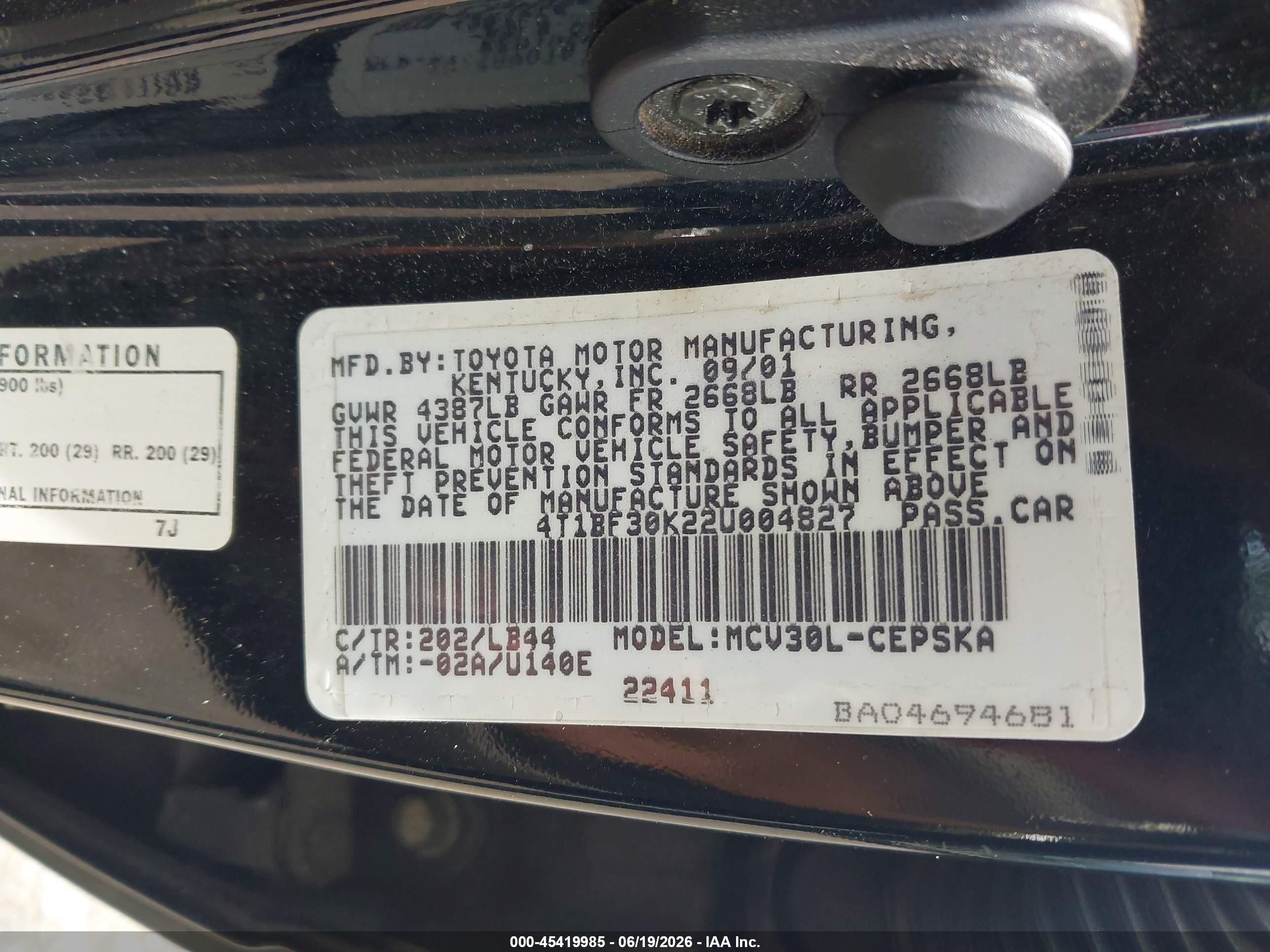 2002 Toyota Camry Se Черный vin: 4T1BF30K22U004827