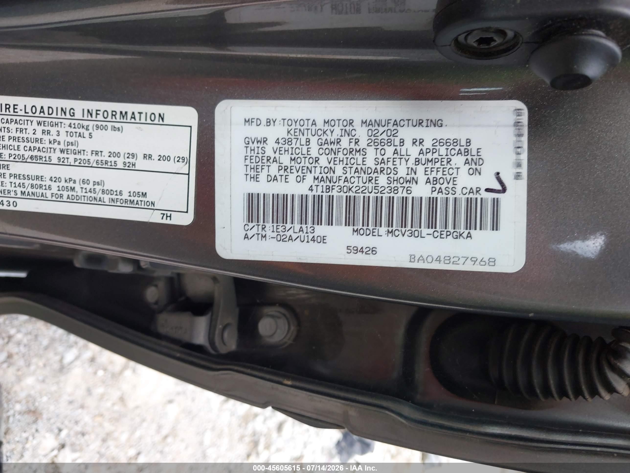 2002 Toyota Camry Xle Gray vin: 4T1BF30K22U523876