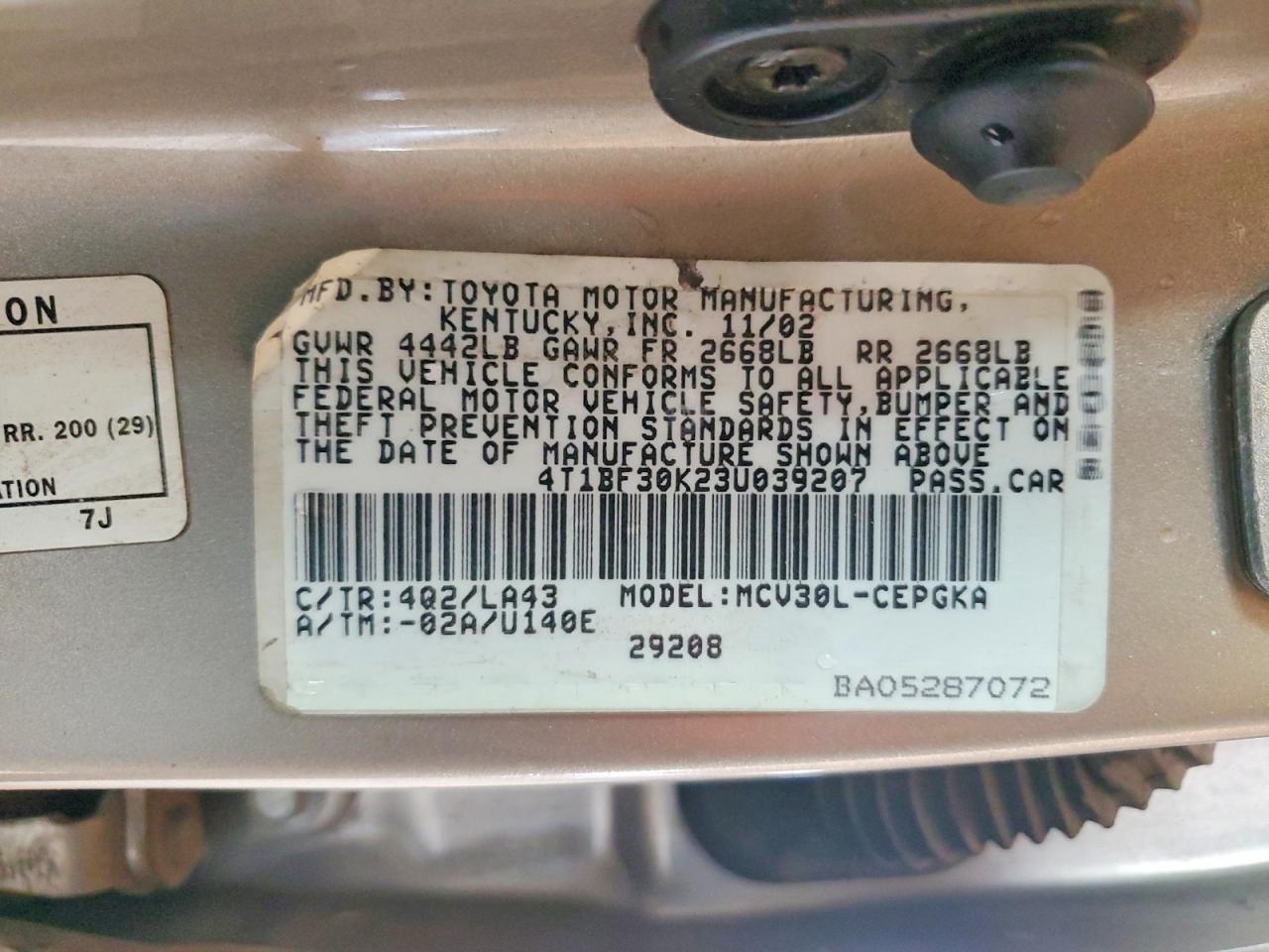 2003 Toyota Camry Xle V6 Tan vin: 4T1BF30K23U039207
