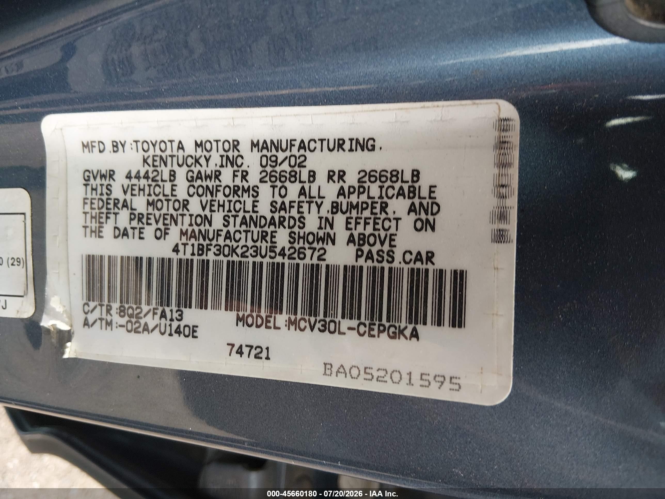 2003 Toyota Camry Xle V6 Blue vin: 4T1BF30K23U542672