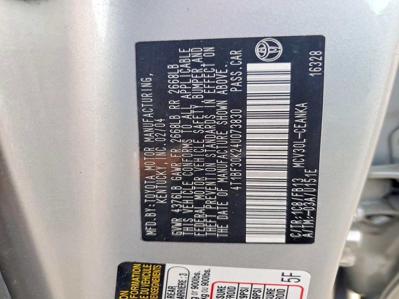 2004 Toyota Camry Le V6 Silver vin: 4T1BF30K24U073830