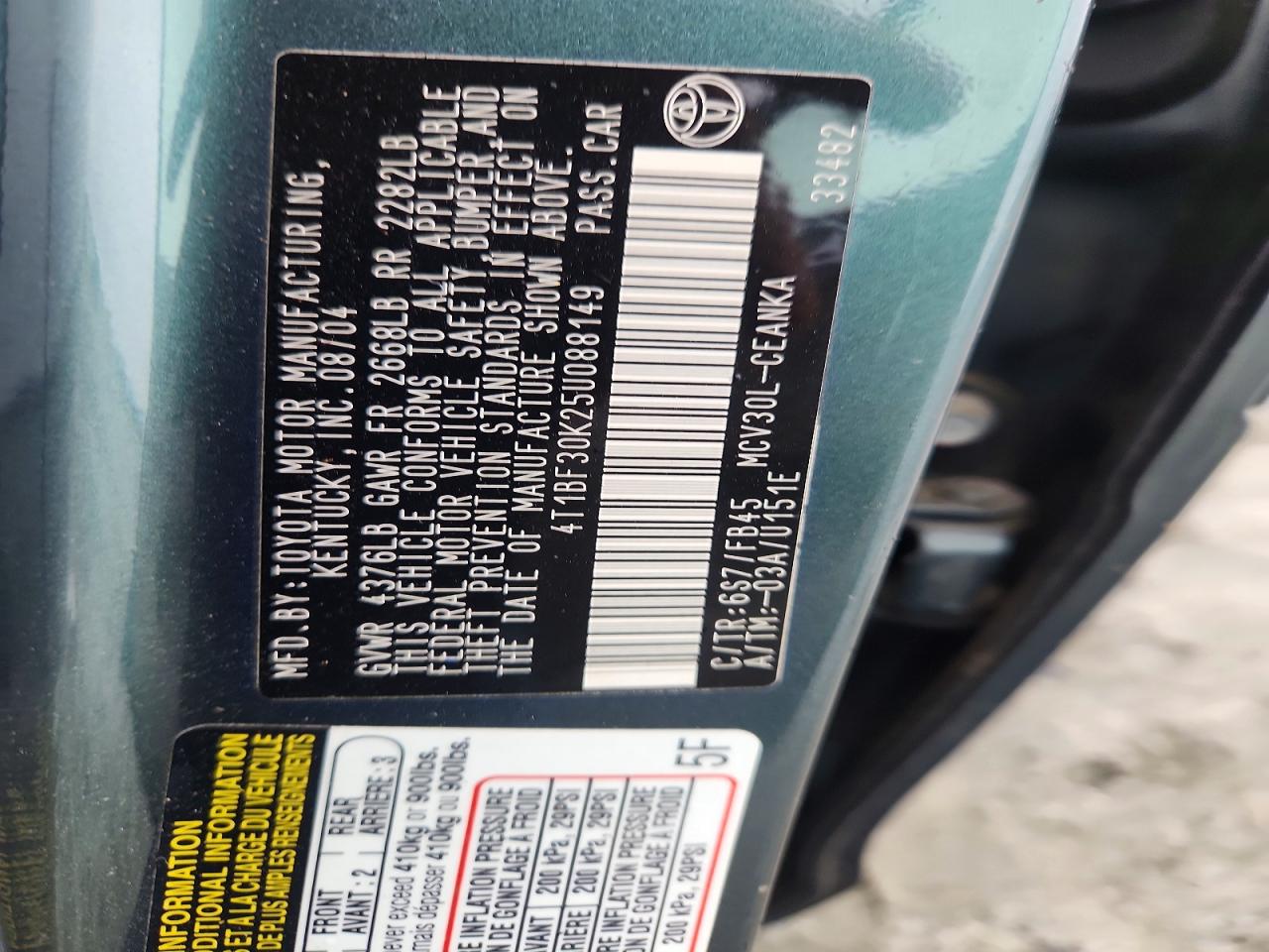2005 Toyota Camry Le V6 Teal vin: 4T1BF30K25U088149