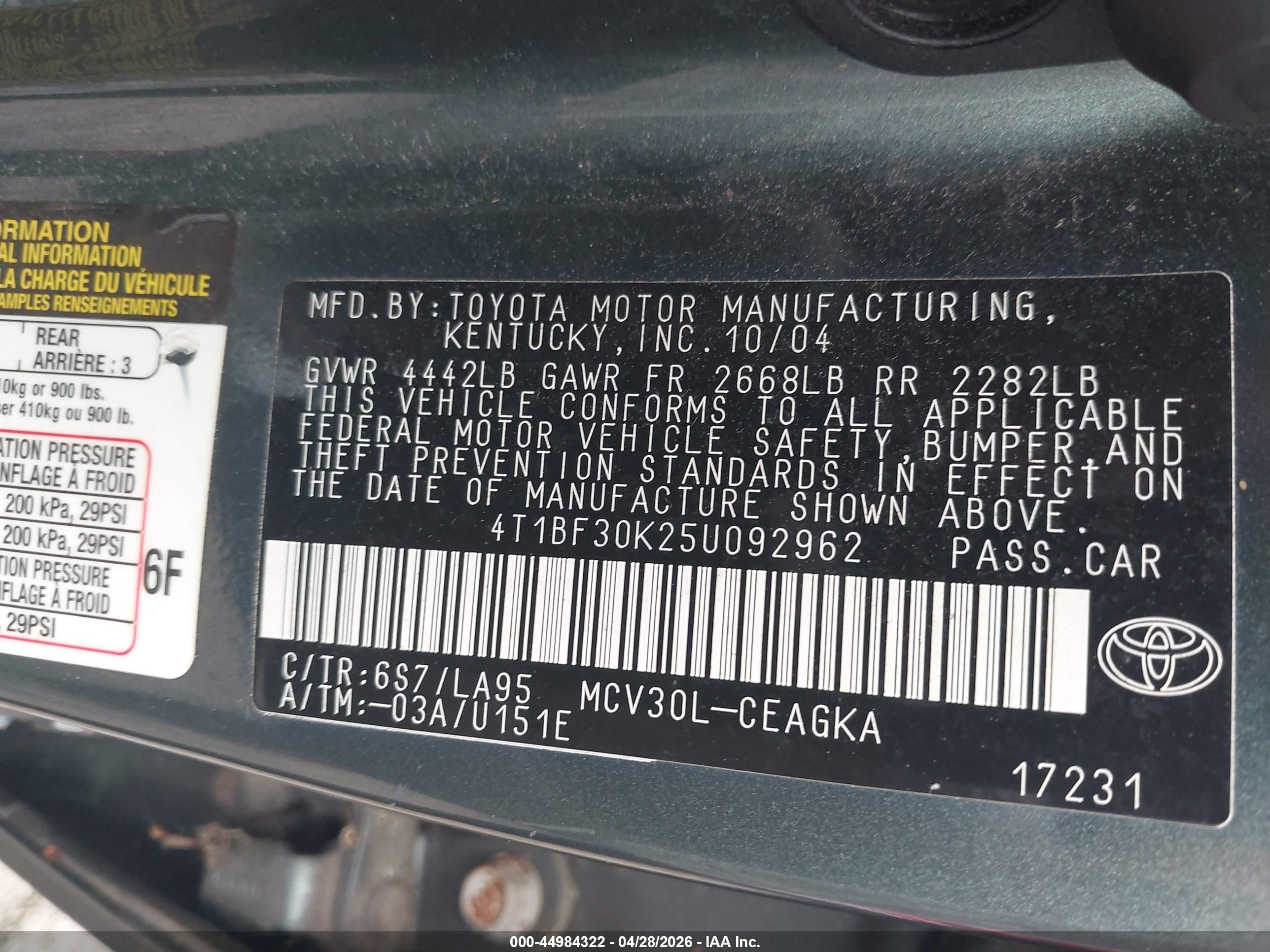 2005 Toyota Camry Xle V6 Green vin: 4T1BF30K25U092962