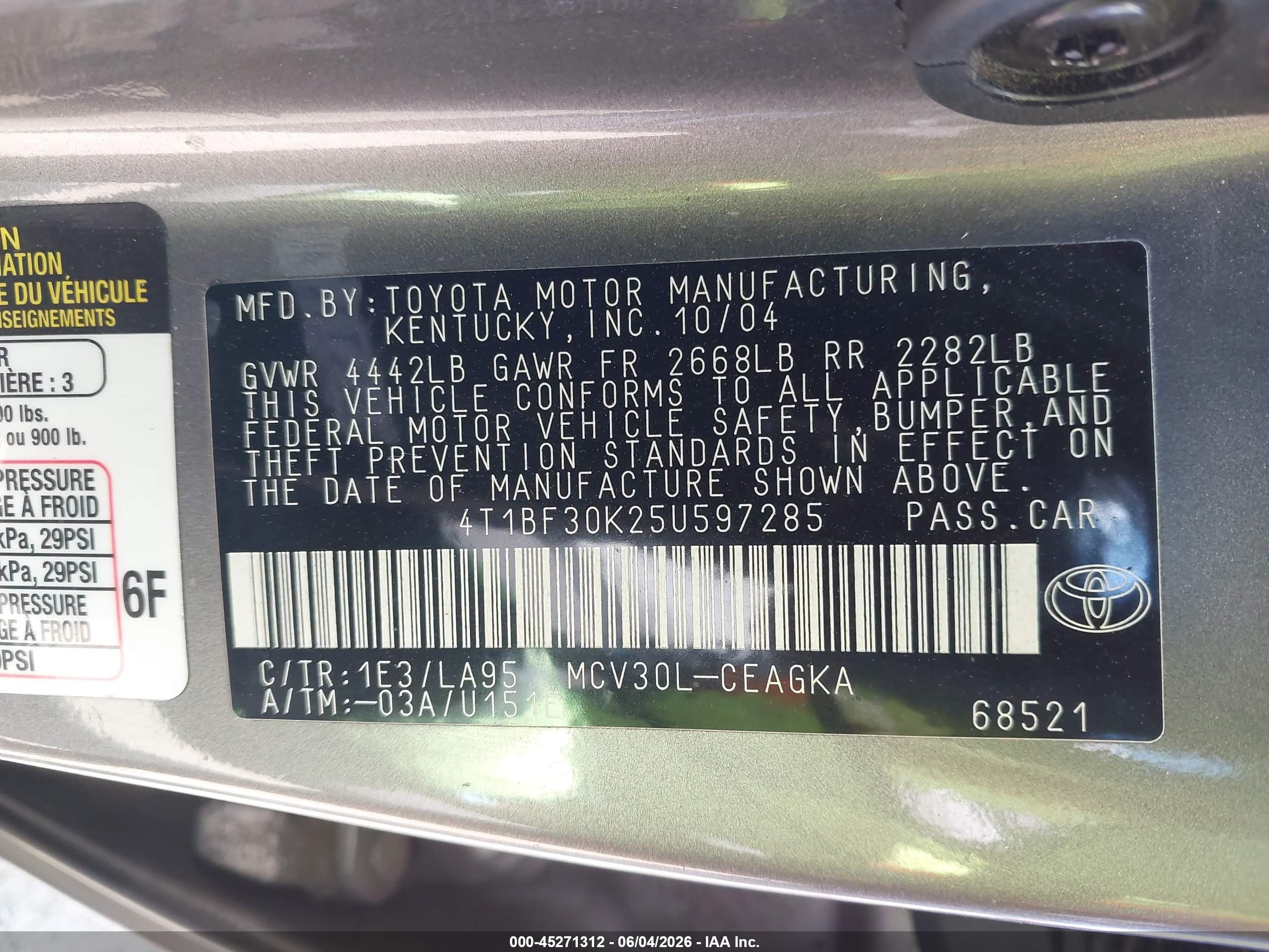 2005 Toyota Camry Xle V6 Серый vin: 4T1BF30K25U597285