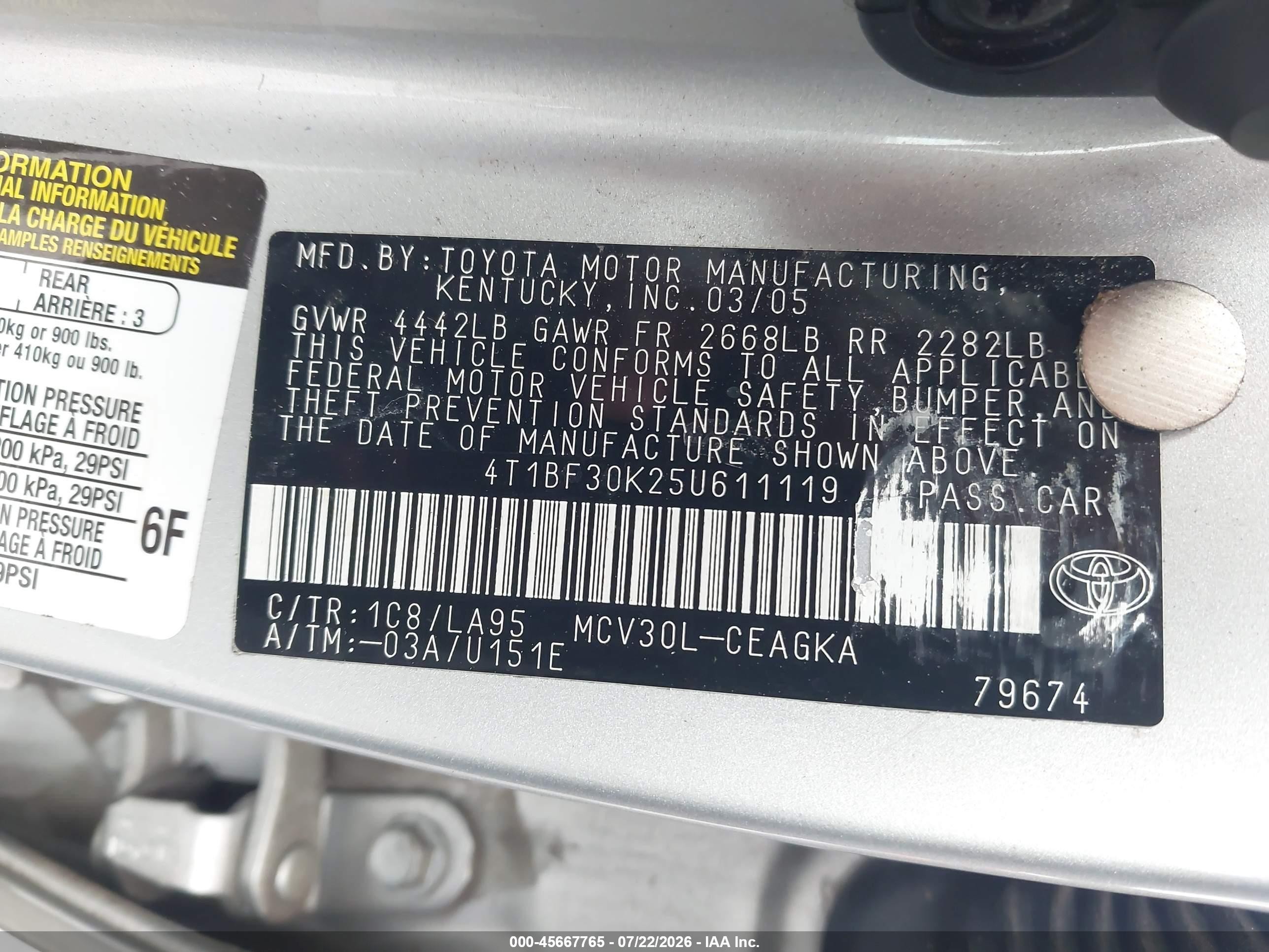 2005 Toyota Camry Xle V6 Silver vin: 4T1BF30K25U611119