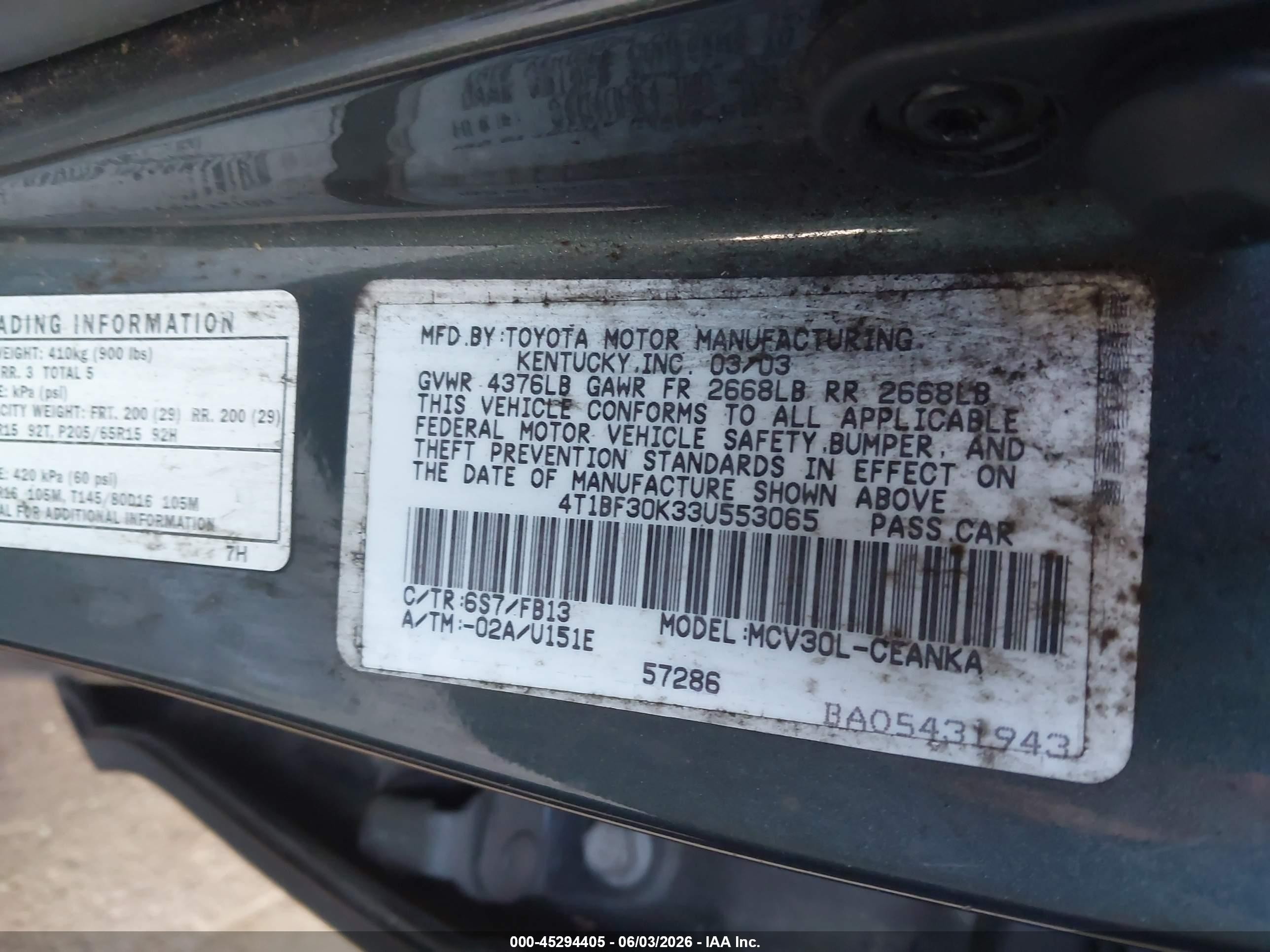 2003 Toyota Camry Le V6 Green vin: 4T1BF30K33U553065