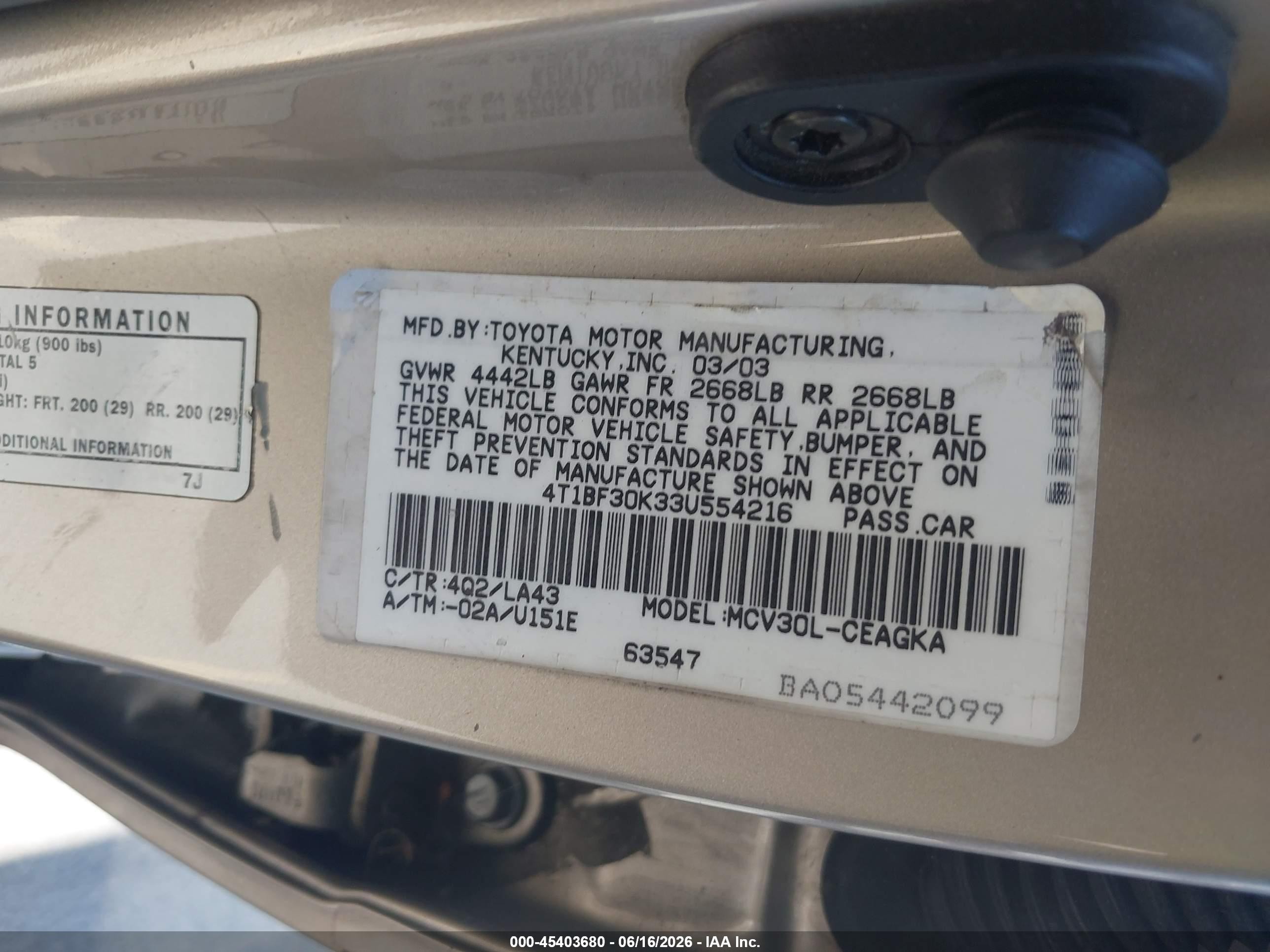 2003 Toyota Camry Xle V6 Brown vin: 4T1BF30K33U554216