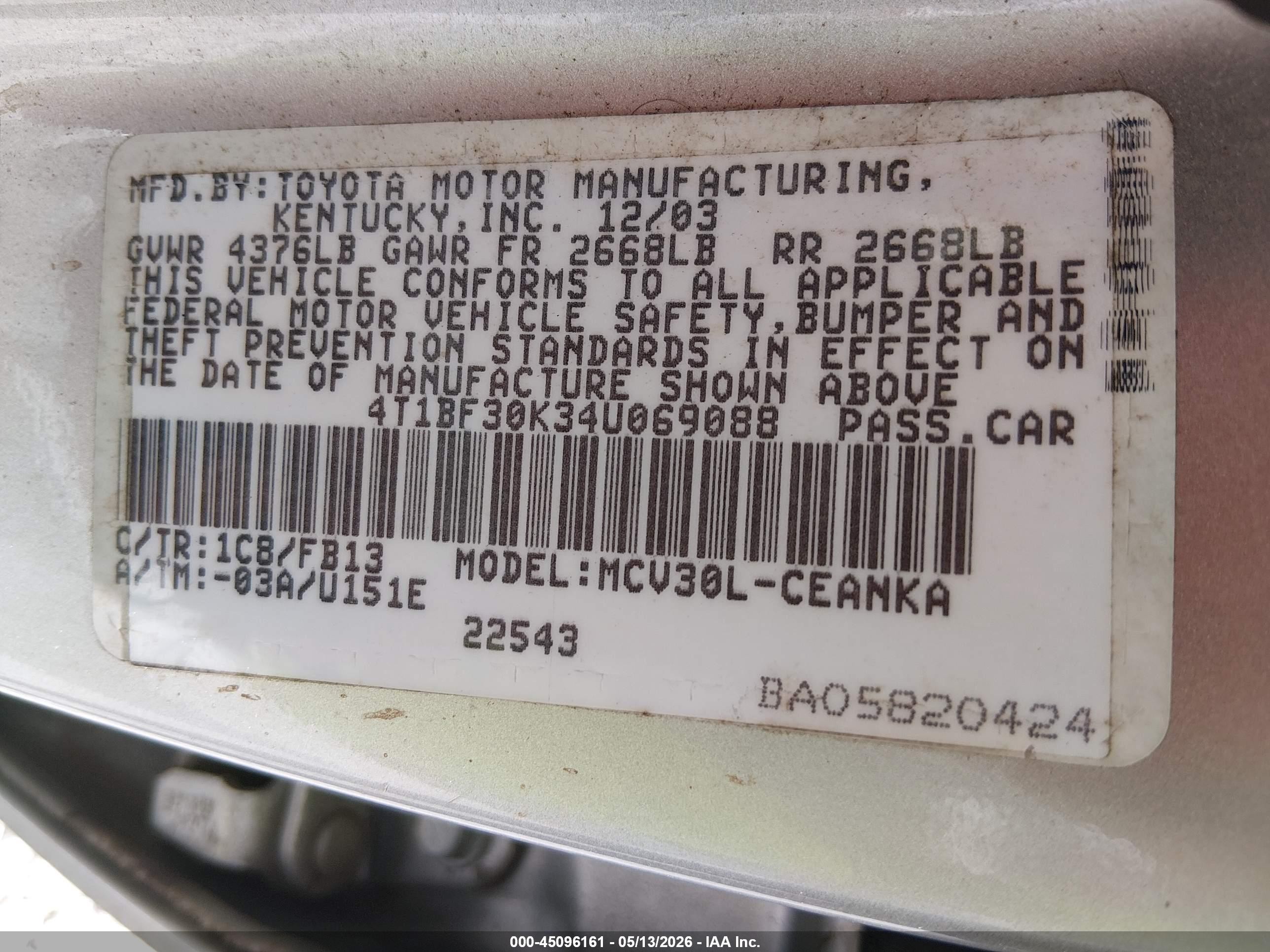 2004 Toyota Camry Le V6 Серебряный vin: 4T1BF30K34U069088