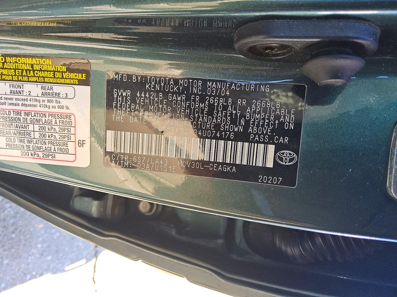 2004 Toyota Camry Xle V6 Green vin: 4T1BF30K34U074176