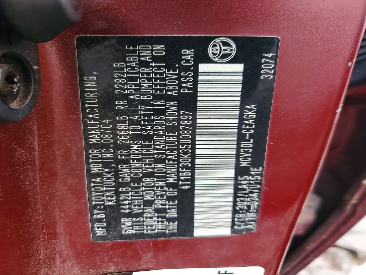 2005 Toyota Camry Xle V6 Red vin: 4T1BF30K35U087897