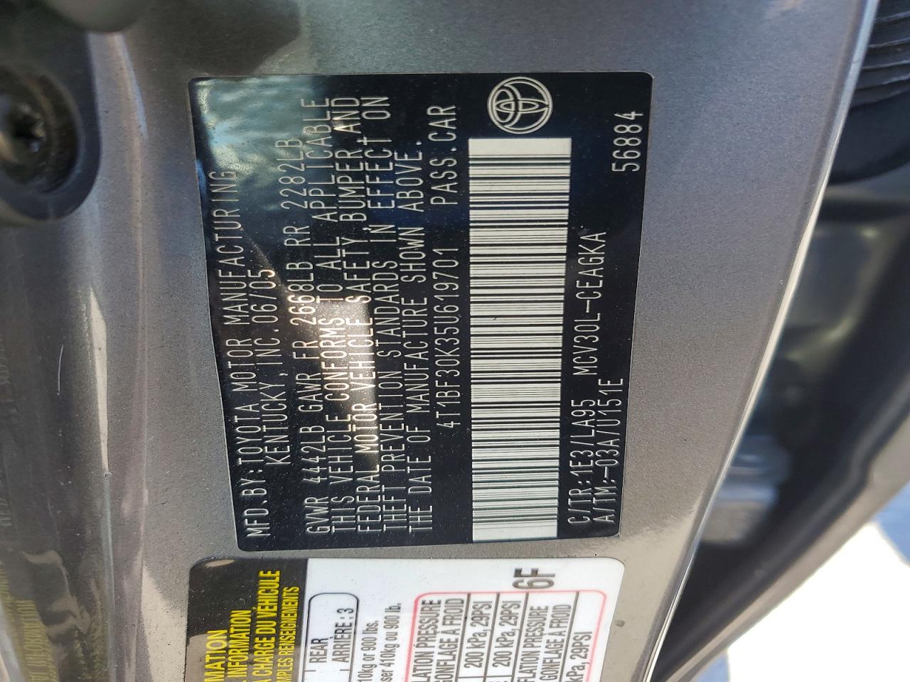 2005 Toyota Camry Xle V6 Gray vin: 4T1BF30K35U619701