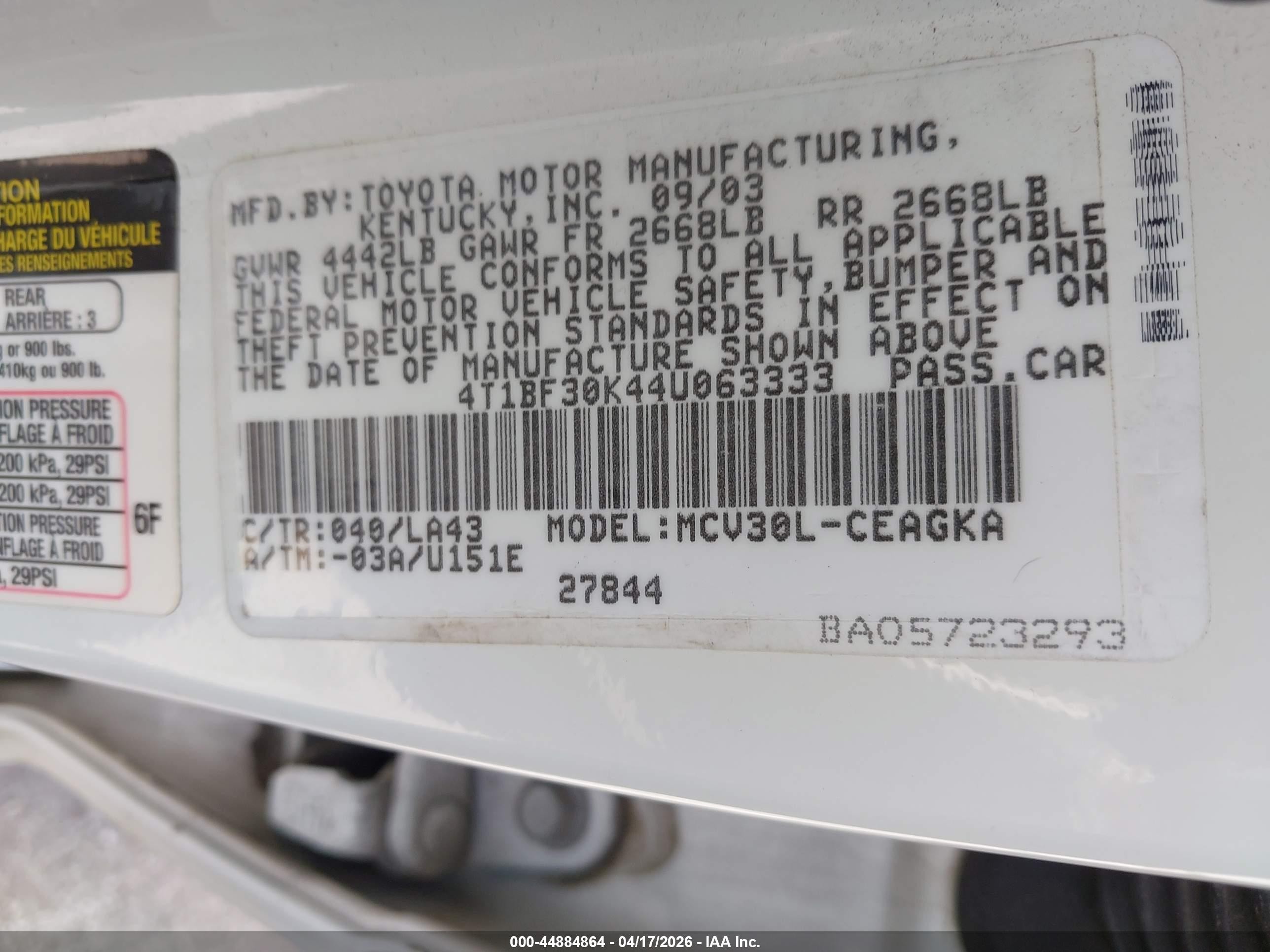 2004 Toyota Camry Xle V6 White vin: 4T1BF30K44U063333