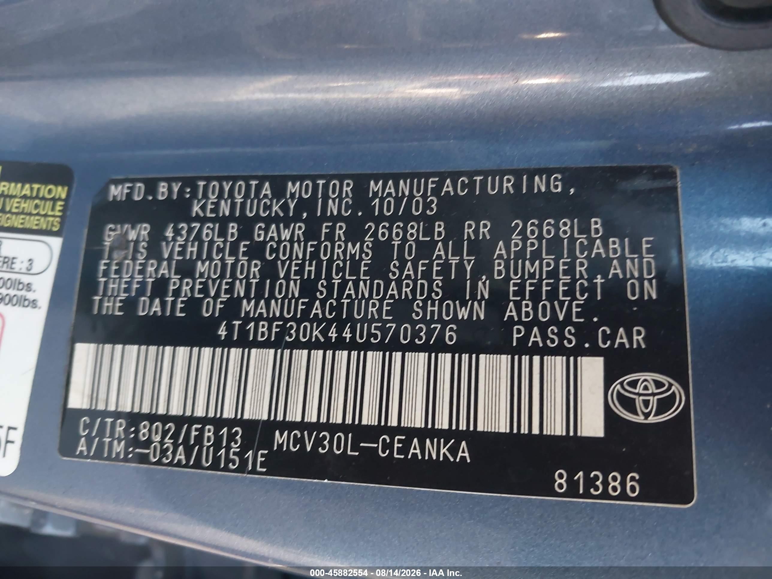 2004 Toyota Camry Le V6 Blue vin: 4T1BF30K44U570376