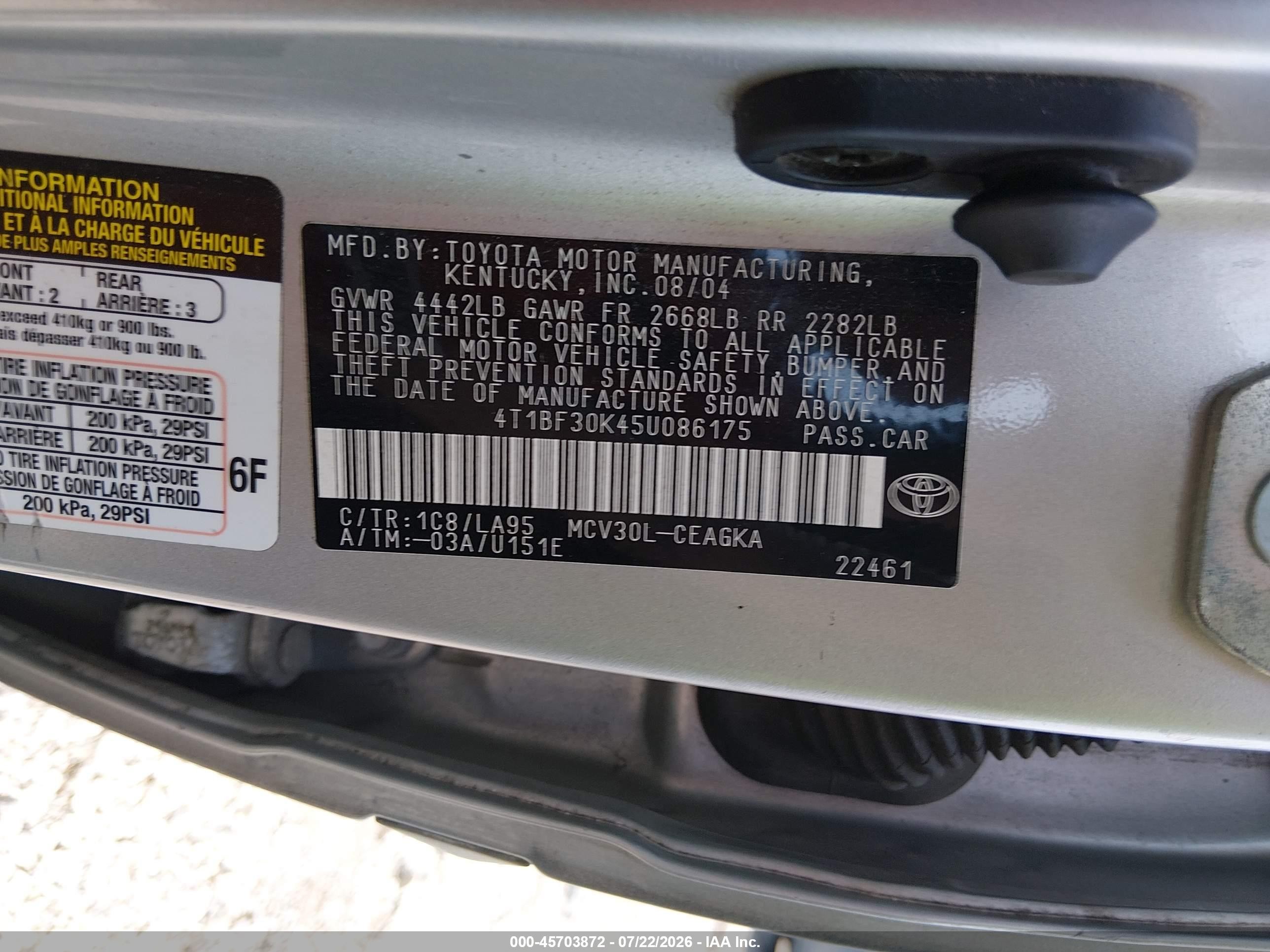 2005 Toyota Camry Xle V6 Silver vin: 4T1BF30K45U086175