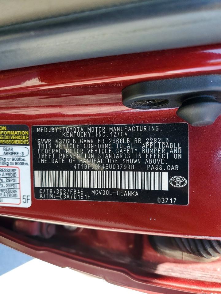 2005 Toyota Camry Le V6 Red vin: 4T1BF30K45U097998