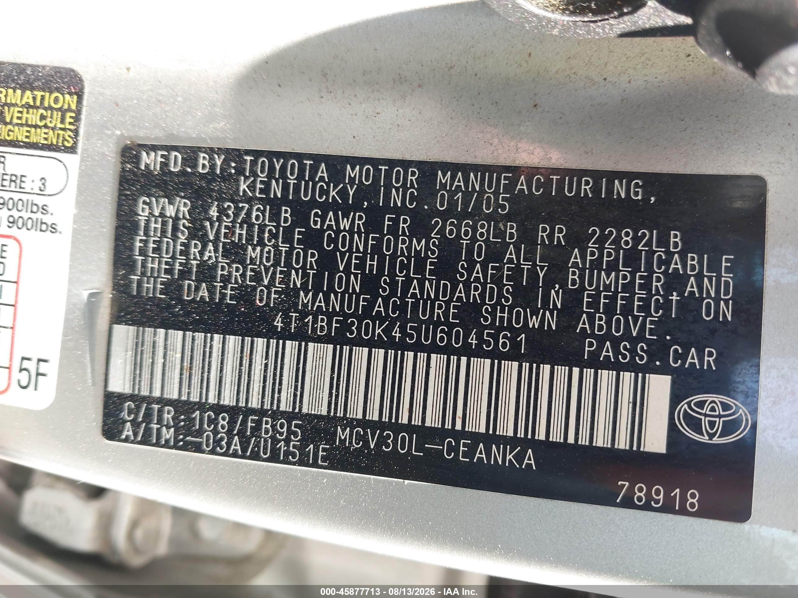 2005 Toyota Camry Le V6 Серебряный vin: 4T1BF30K45U604561