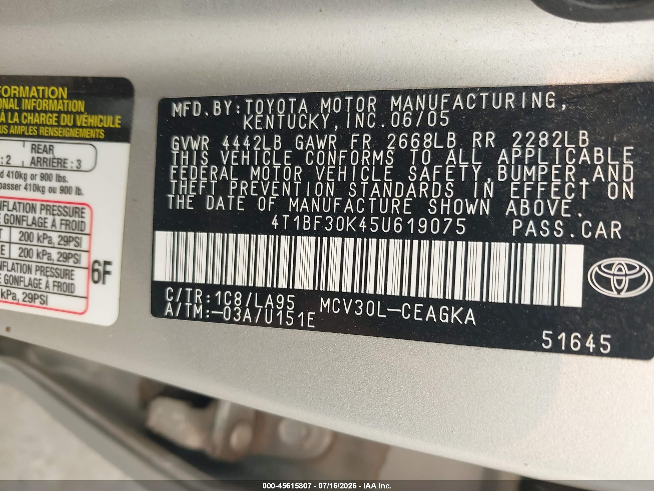 2005 Toyota Camry Xle V6 Серый vin: 4T1BF30K45U619075