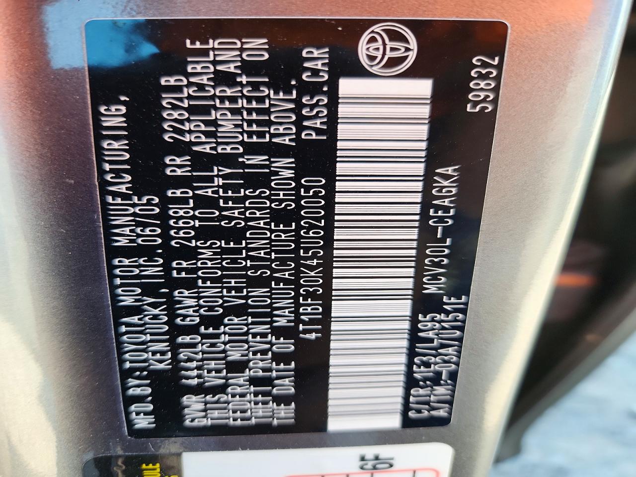2005 Toyota Camry Xle V6 Charcoal vin: 4T1BF30K45U620050
