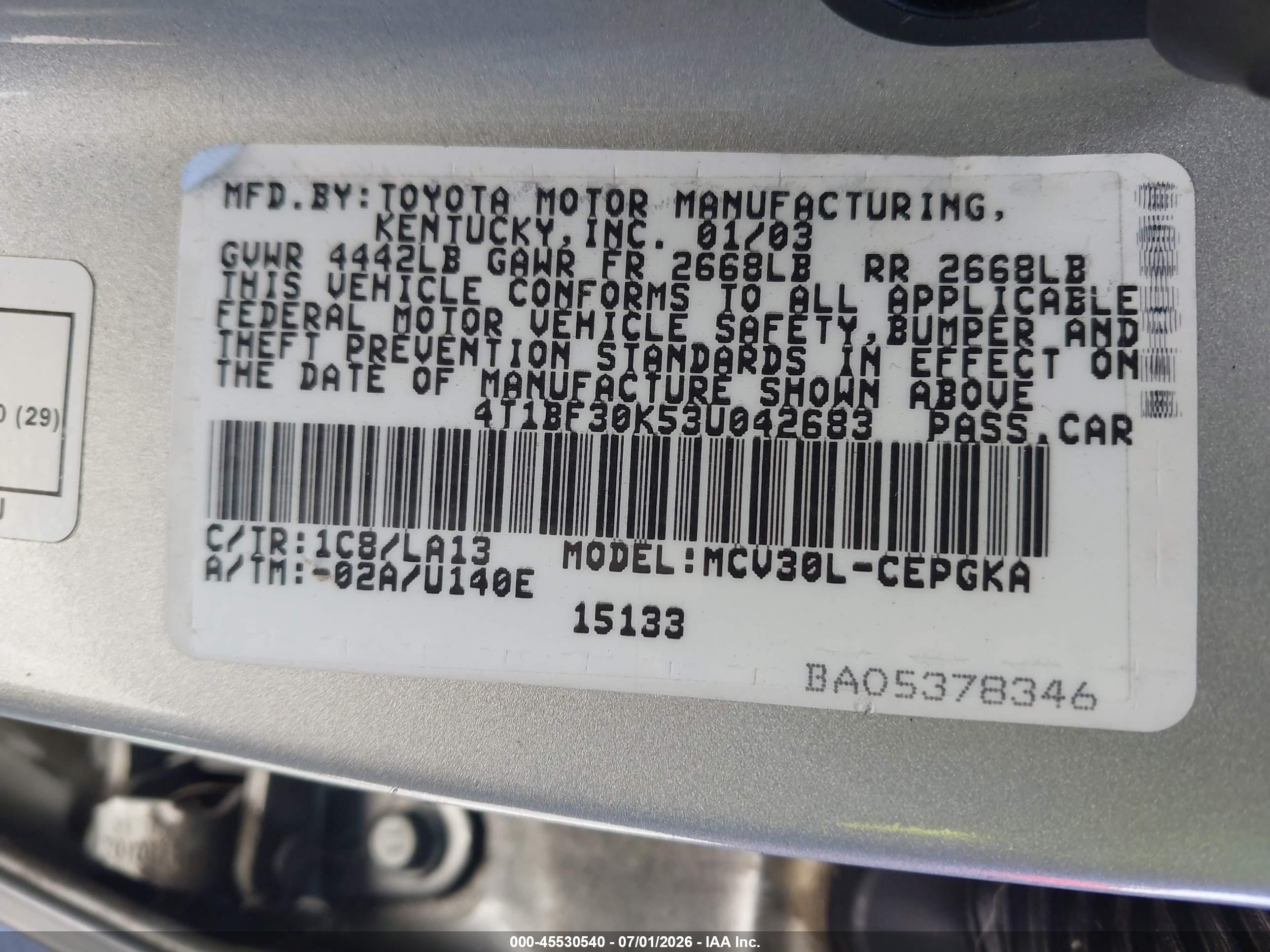 2003 Toyota Camry Xle V6 Серебряный vin: 4T1BF30K53U042683