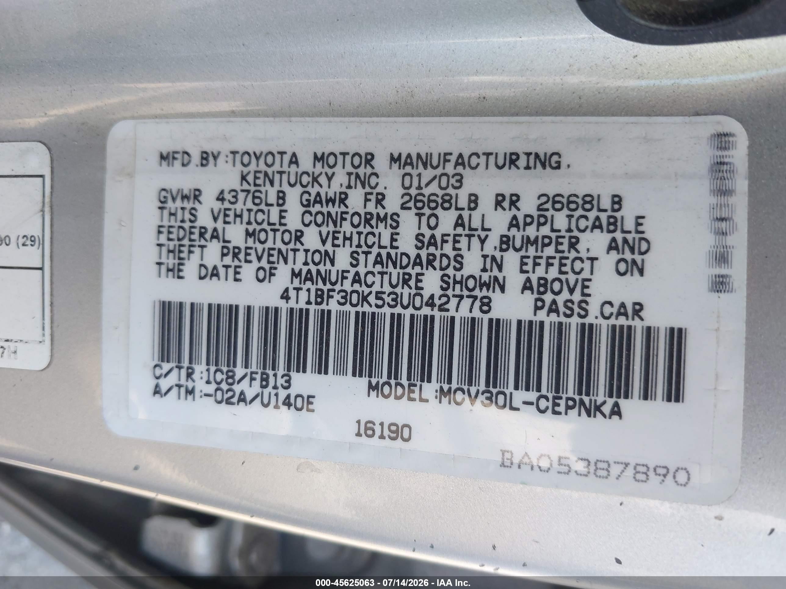 2003 Toyota Camry Le V6 Silver vin: 4T1BF30K53U042778