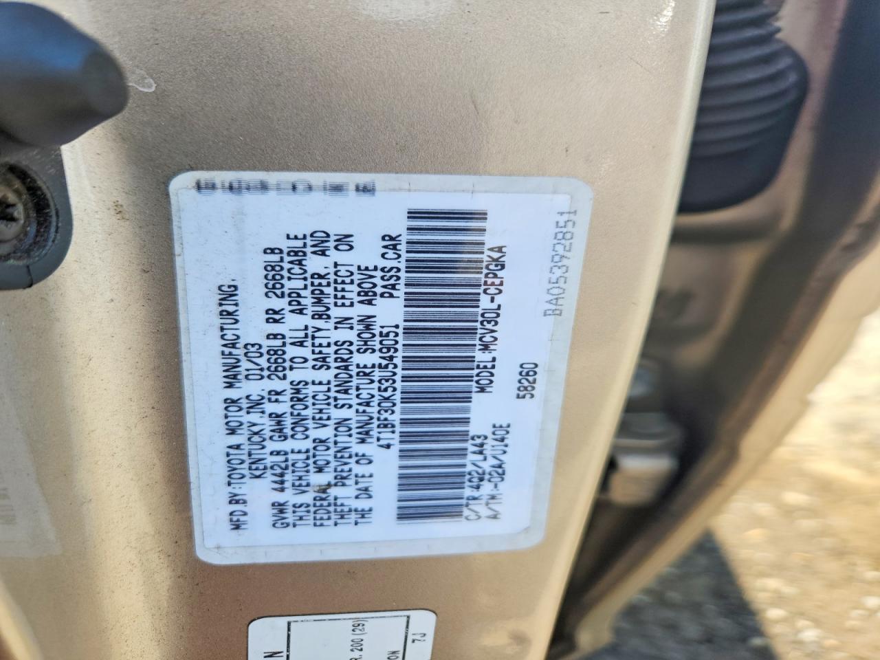 2003 Toyota Camry Xle V6 Beige vin: 4T1BF30K53U549051