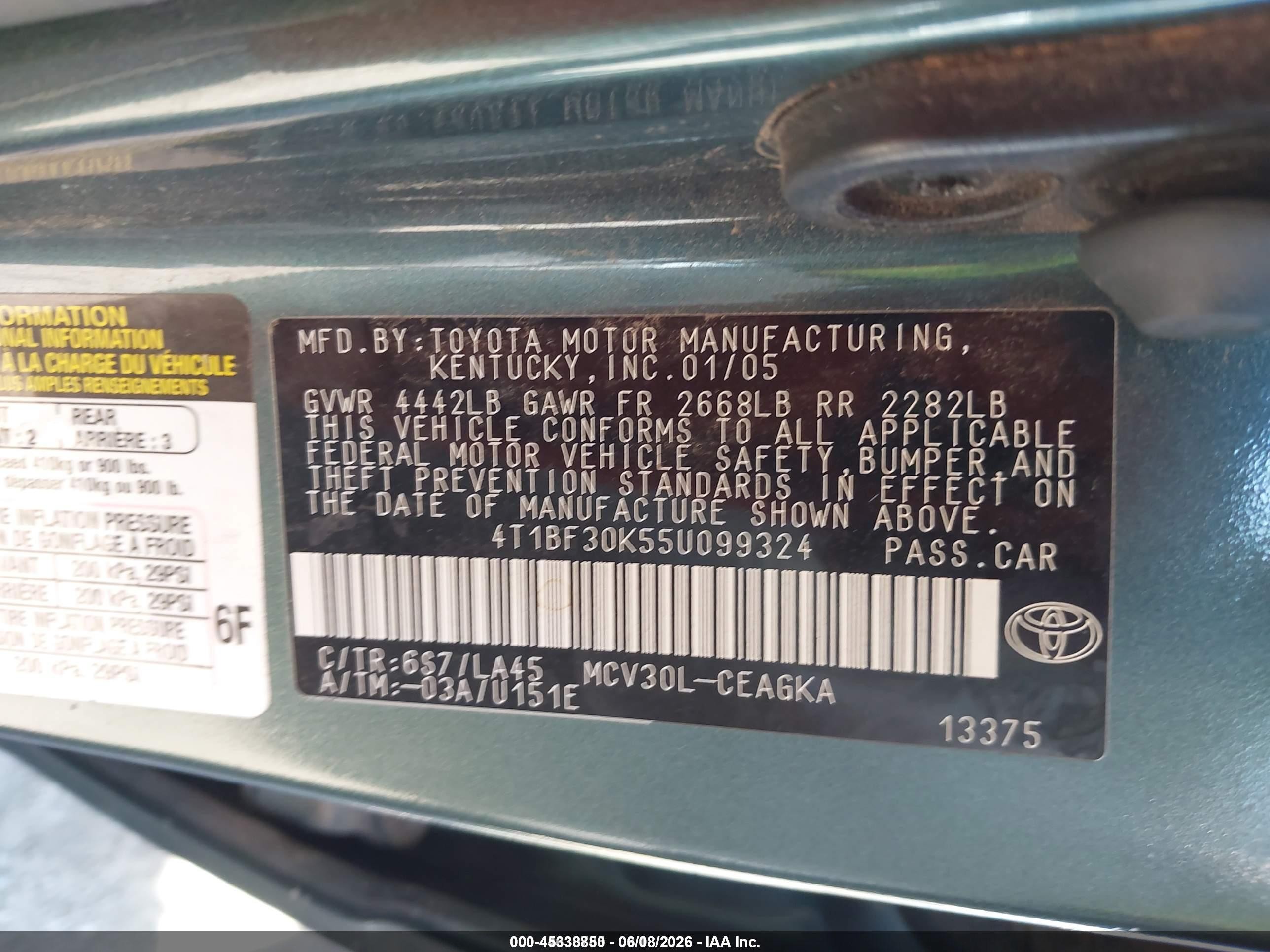 2005 Toyota Camry Xle V6 Green vin: 4T1BF30K55U099324
