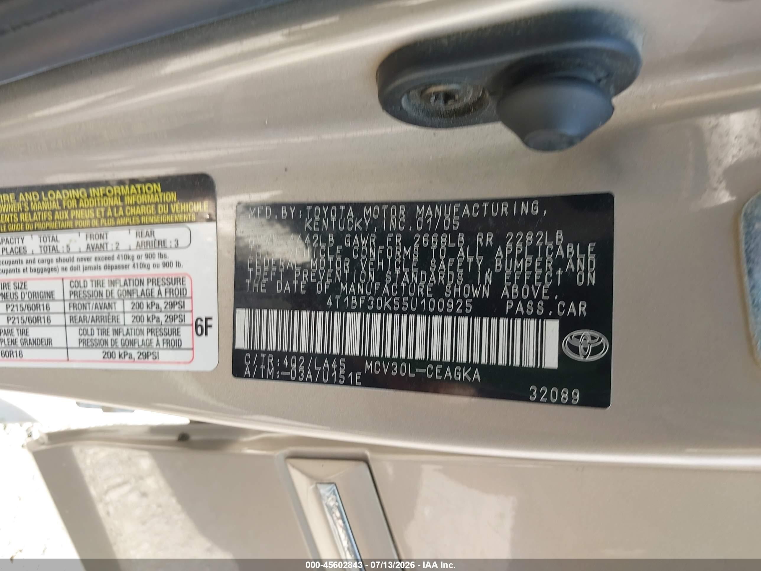 2005 Toyota Camry Xle V6 Tan vin: 4T1BF30K55U100925
