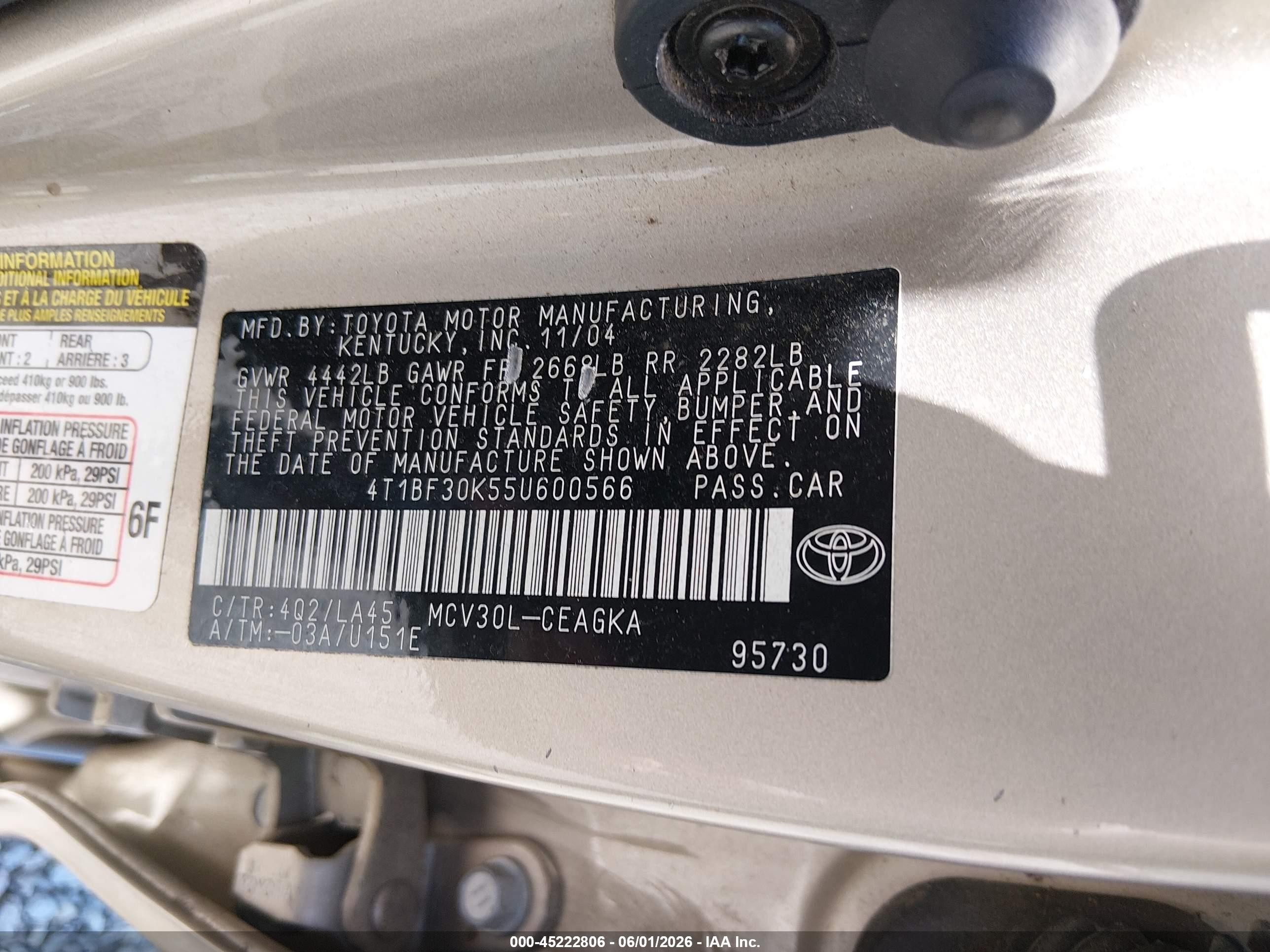 2005 Toyota Camry Xle V6 Золотой vin: 4T1BF30K55U600566