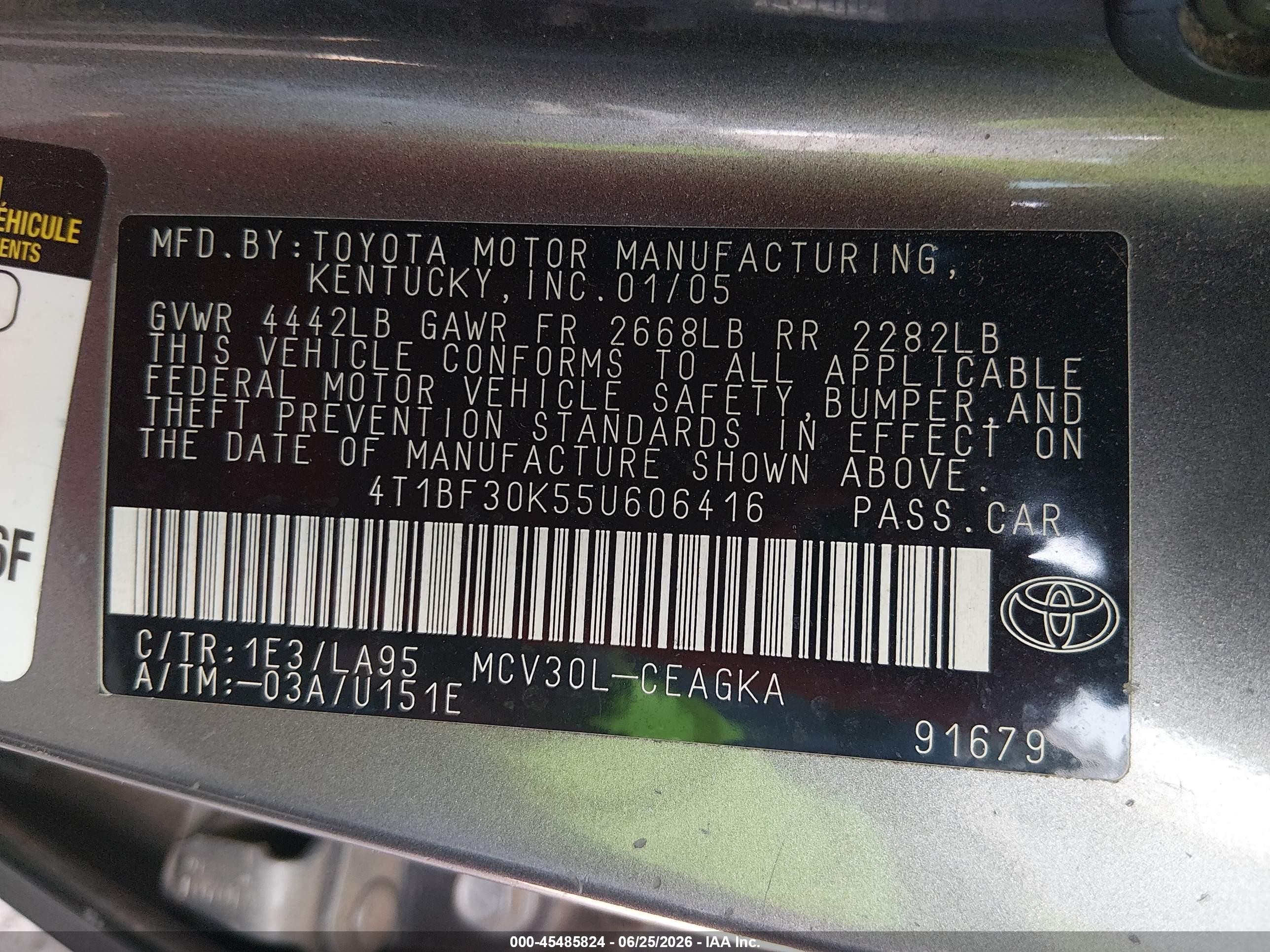 2005 Toyota Camry Xle V6 Gray vin: 4T1BF30K55U606416