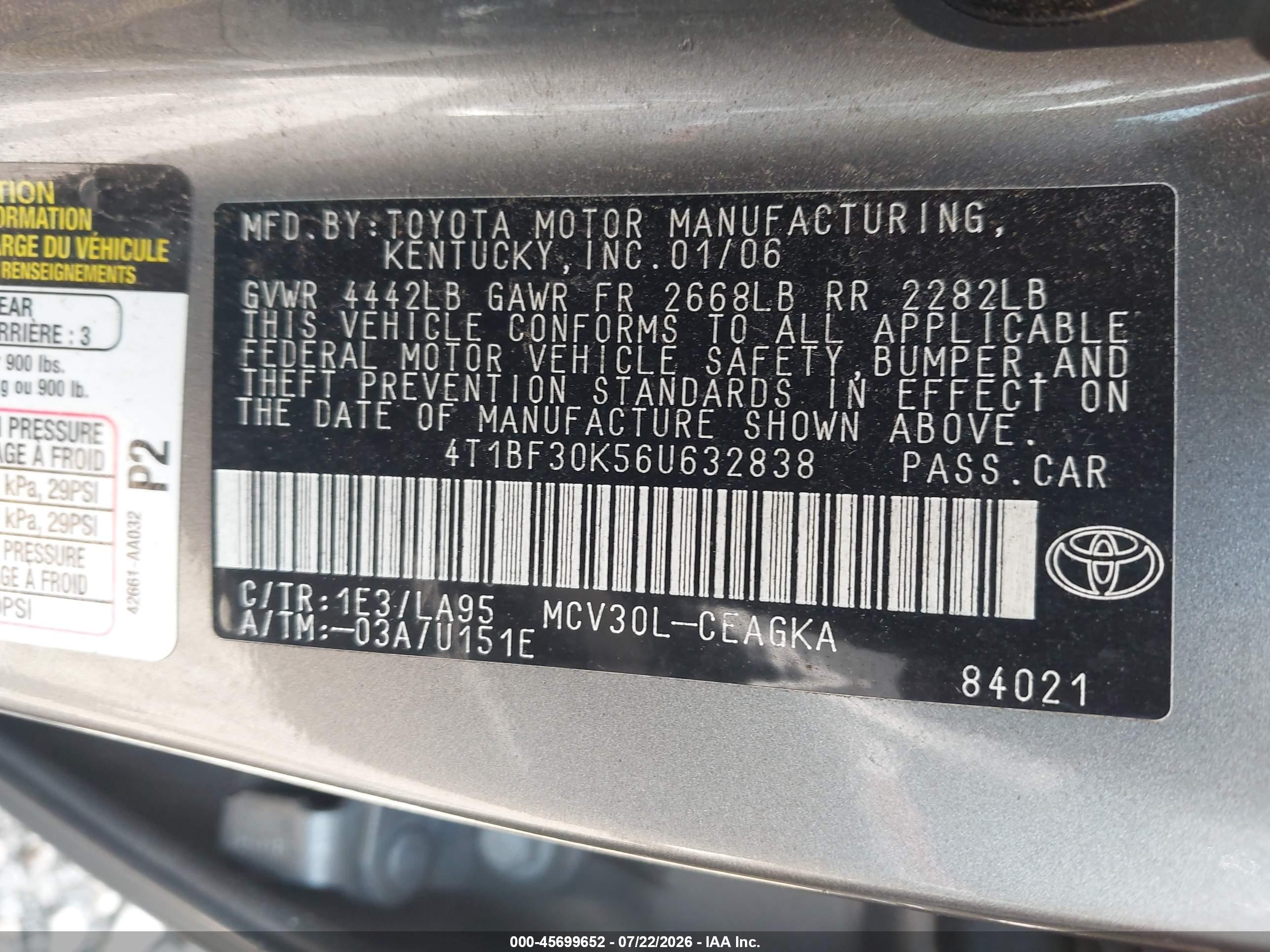 2006 Toyota Camry Xle V6 Gray vin: 4T1BF30K56U632838