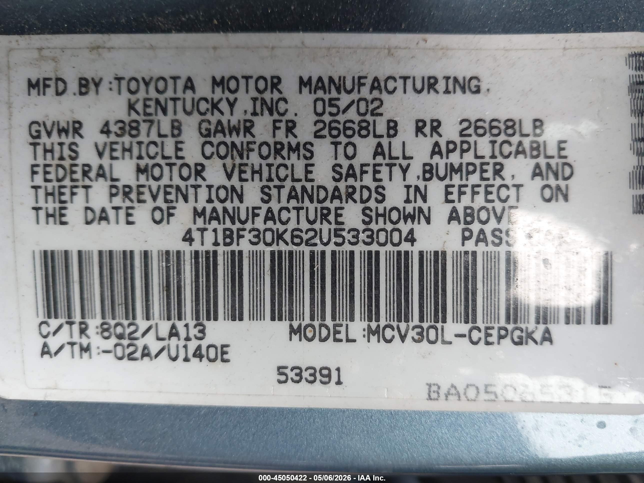 2002 Toyota Camry Xle V6 Blue vin: 4T1BF30K62U533004