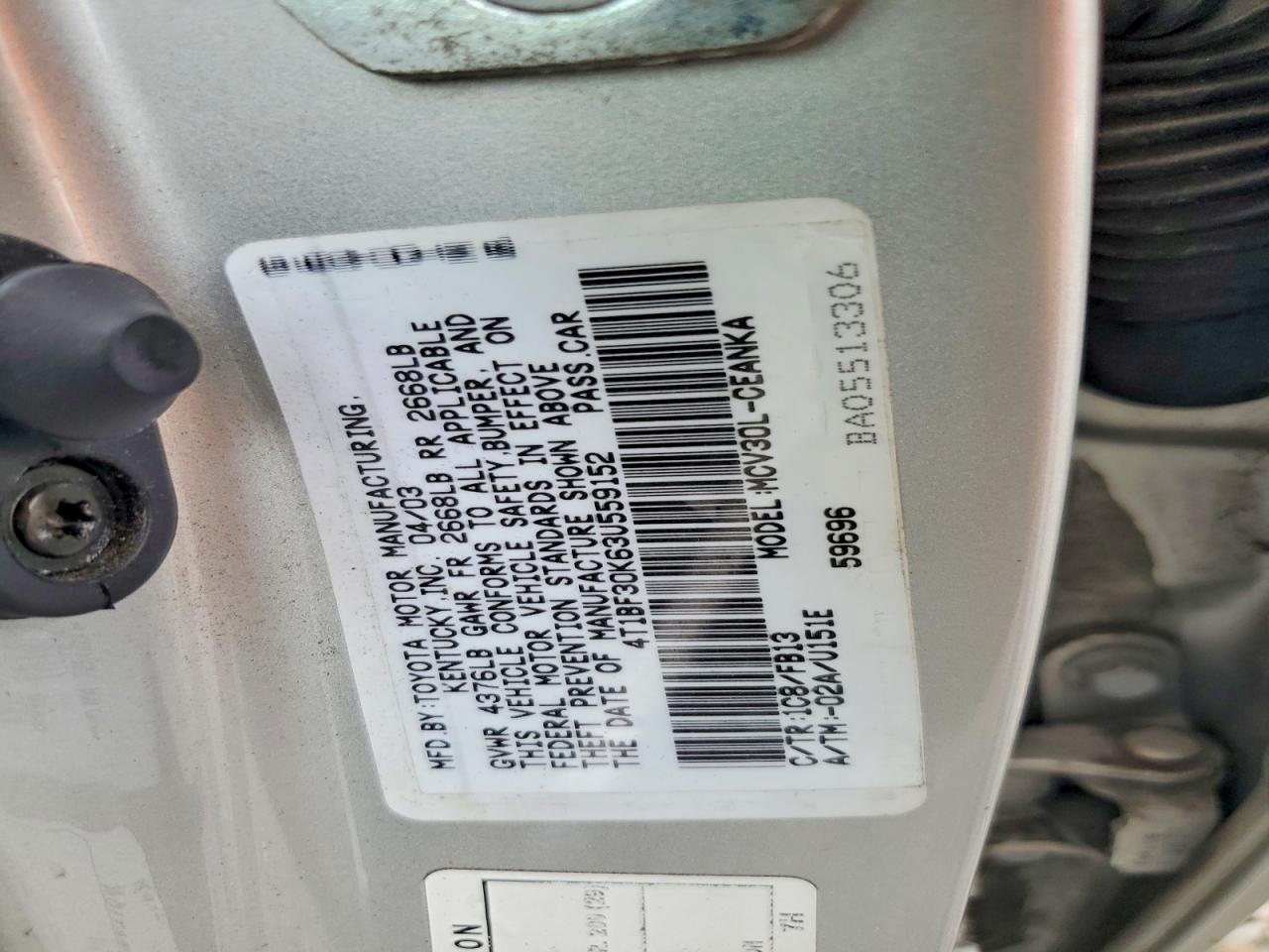 2003 Toyt Camry Silver vin: 4T1BF30K63U559152