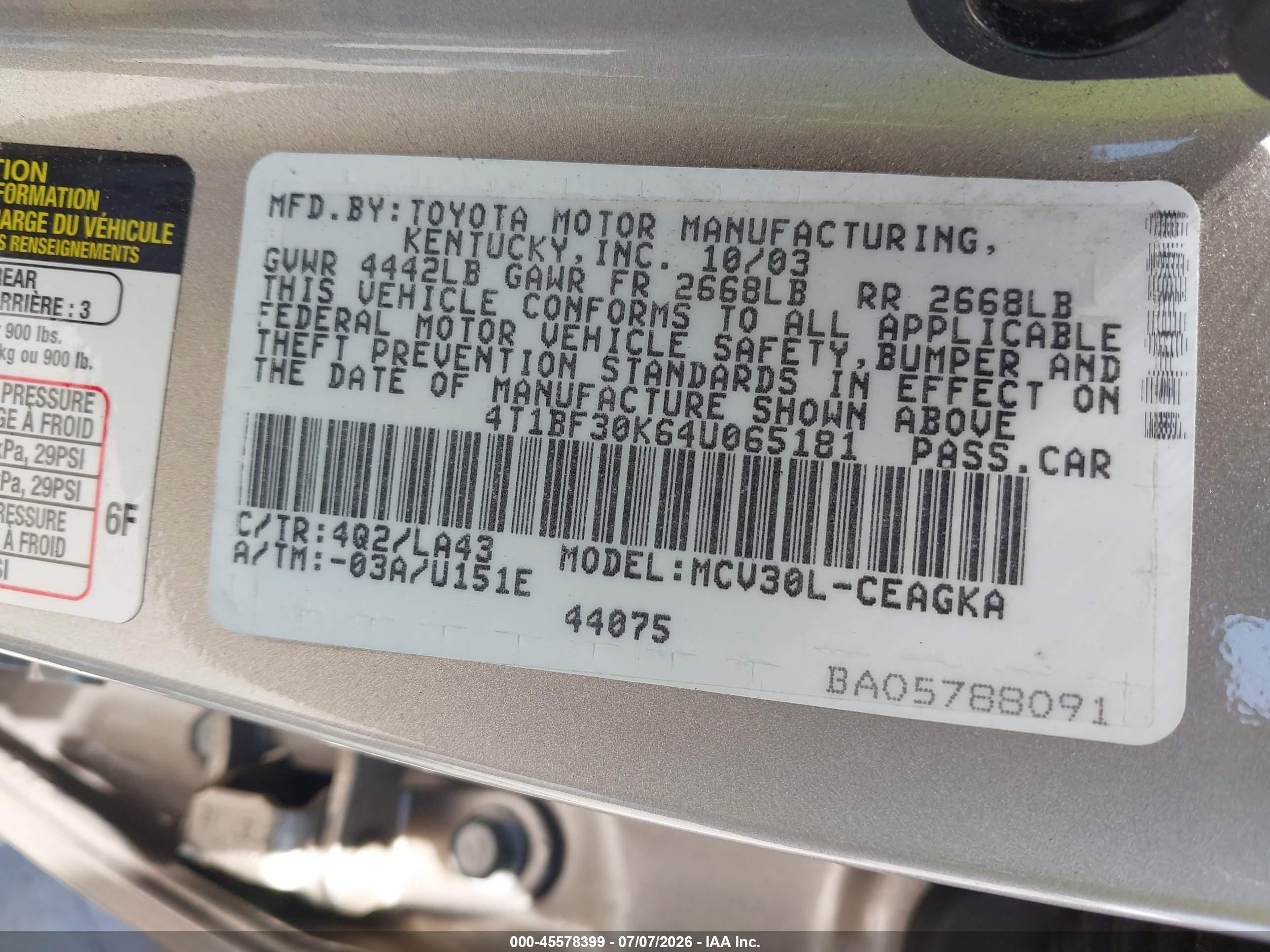 2004 Toyota Camry Xle V6 Beige vin: 4T1BF30K64U065181